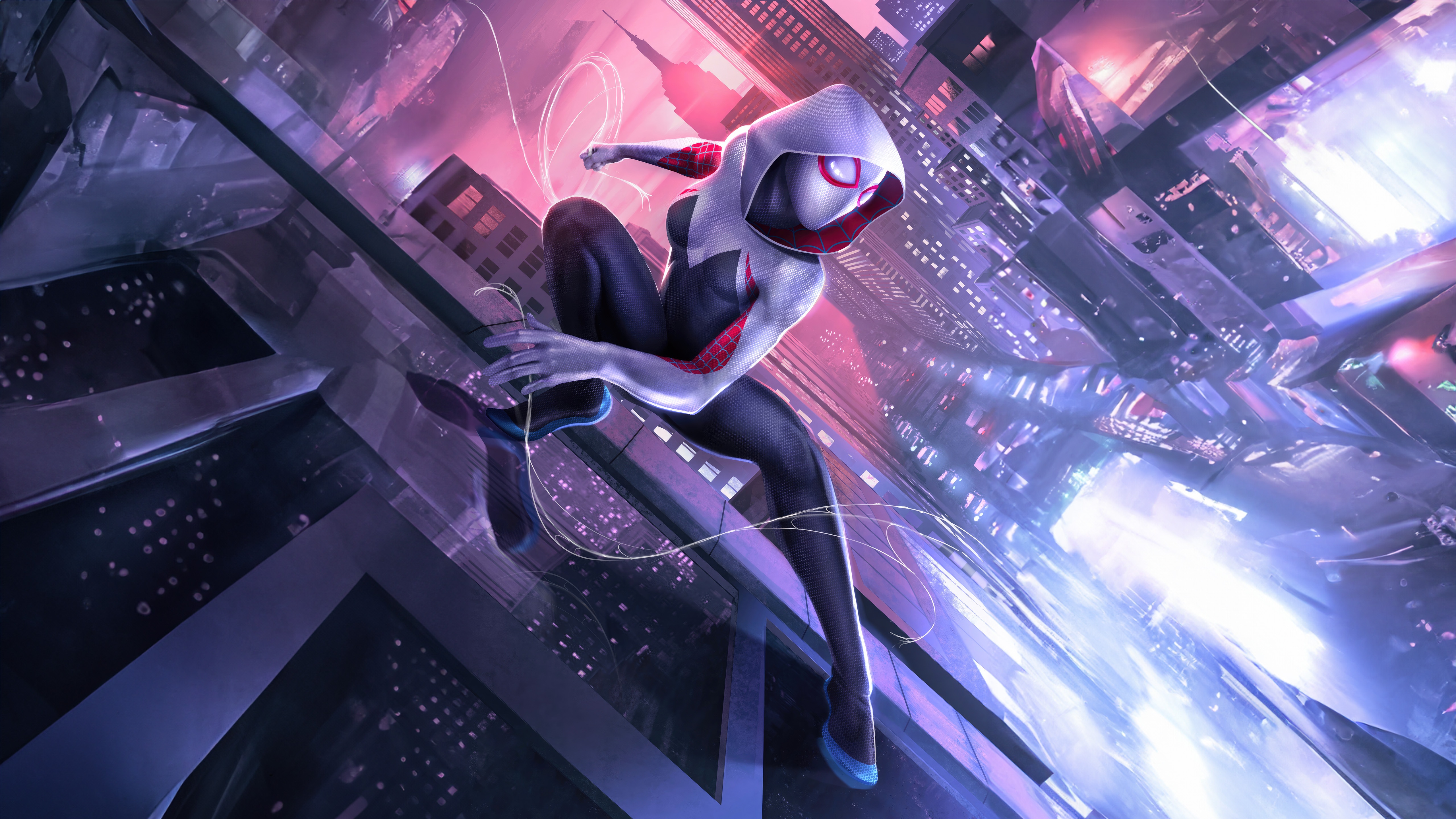 Gwen Stacy Swinging Through a Neon City HD Wallpaper