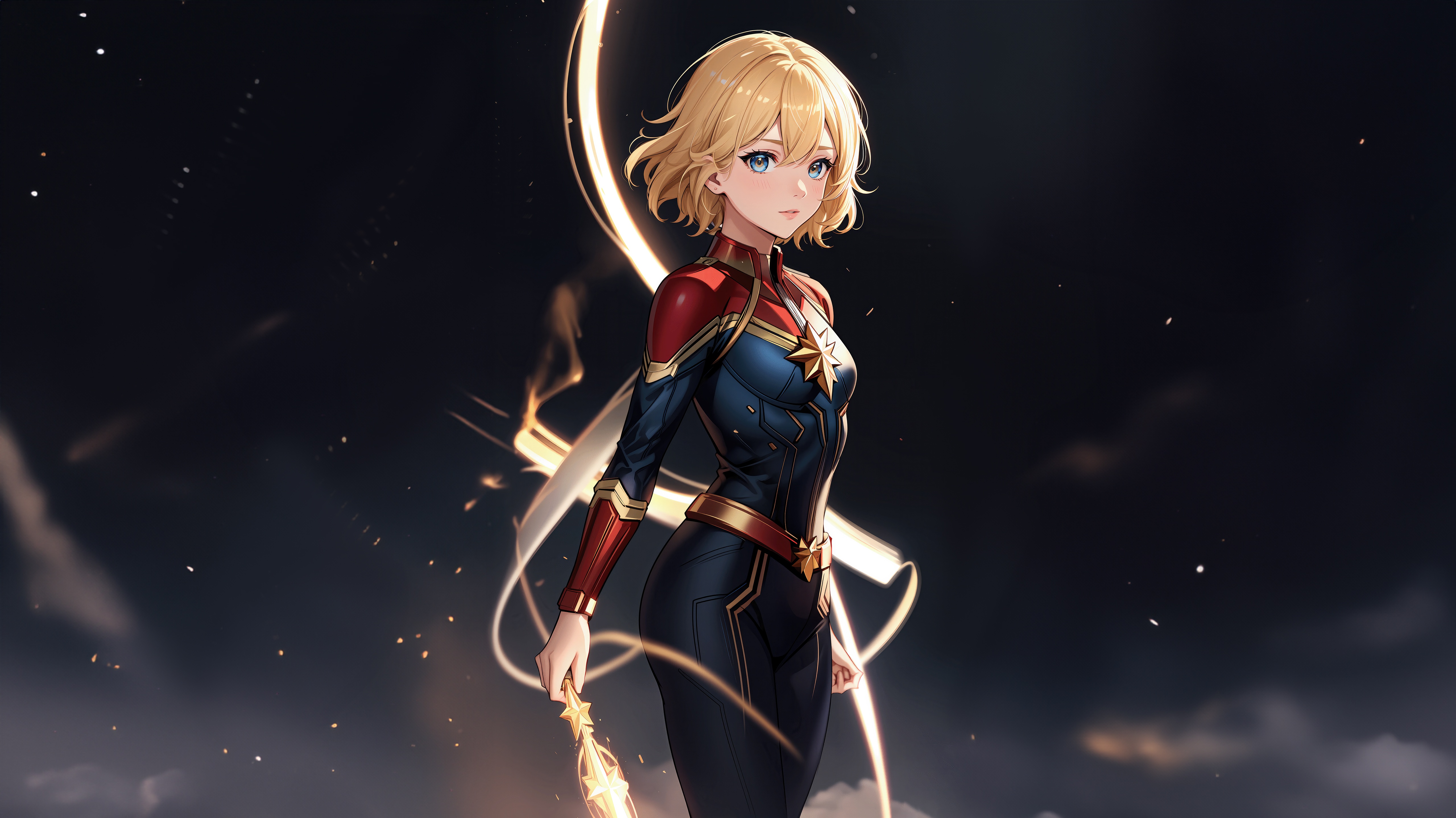 Captain Marvel in a dark, starry sky HD Wallpaper