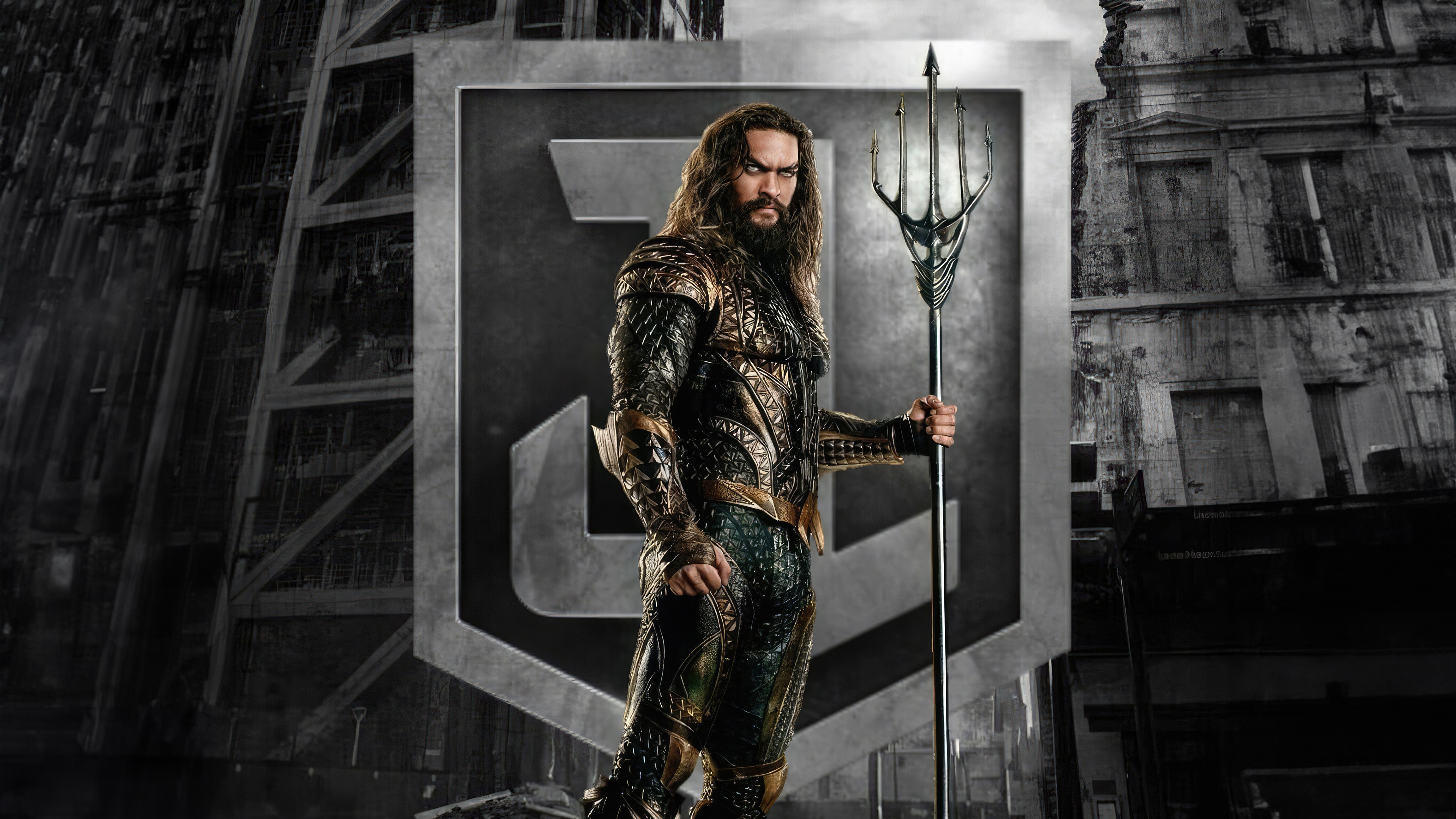Aquaman with Trident and Justice League Logo HD Wallpaper