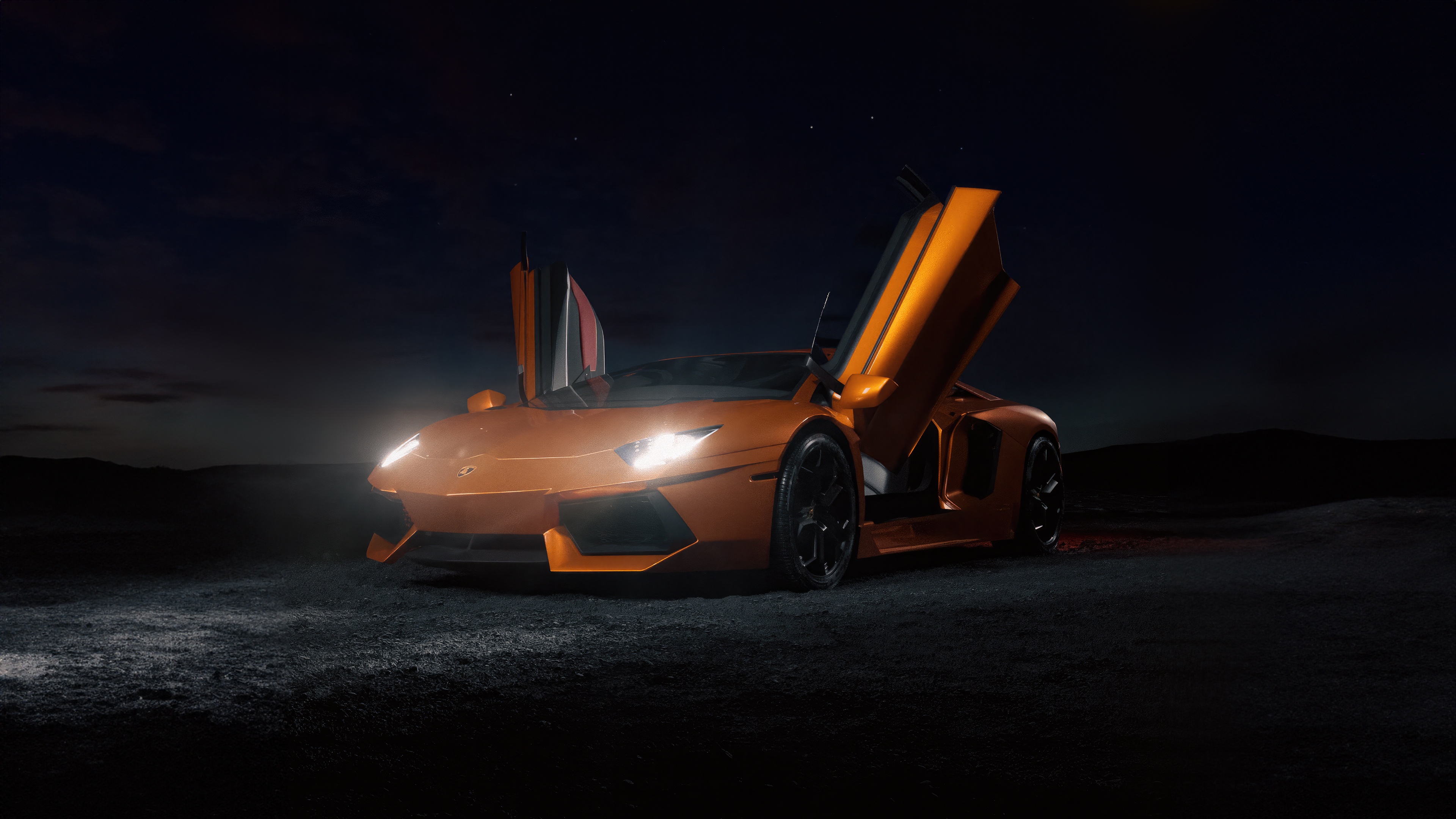 Orange Lamborghini Aventador LP 700 with doors up at night HD Wallpaper