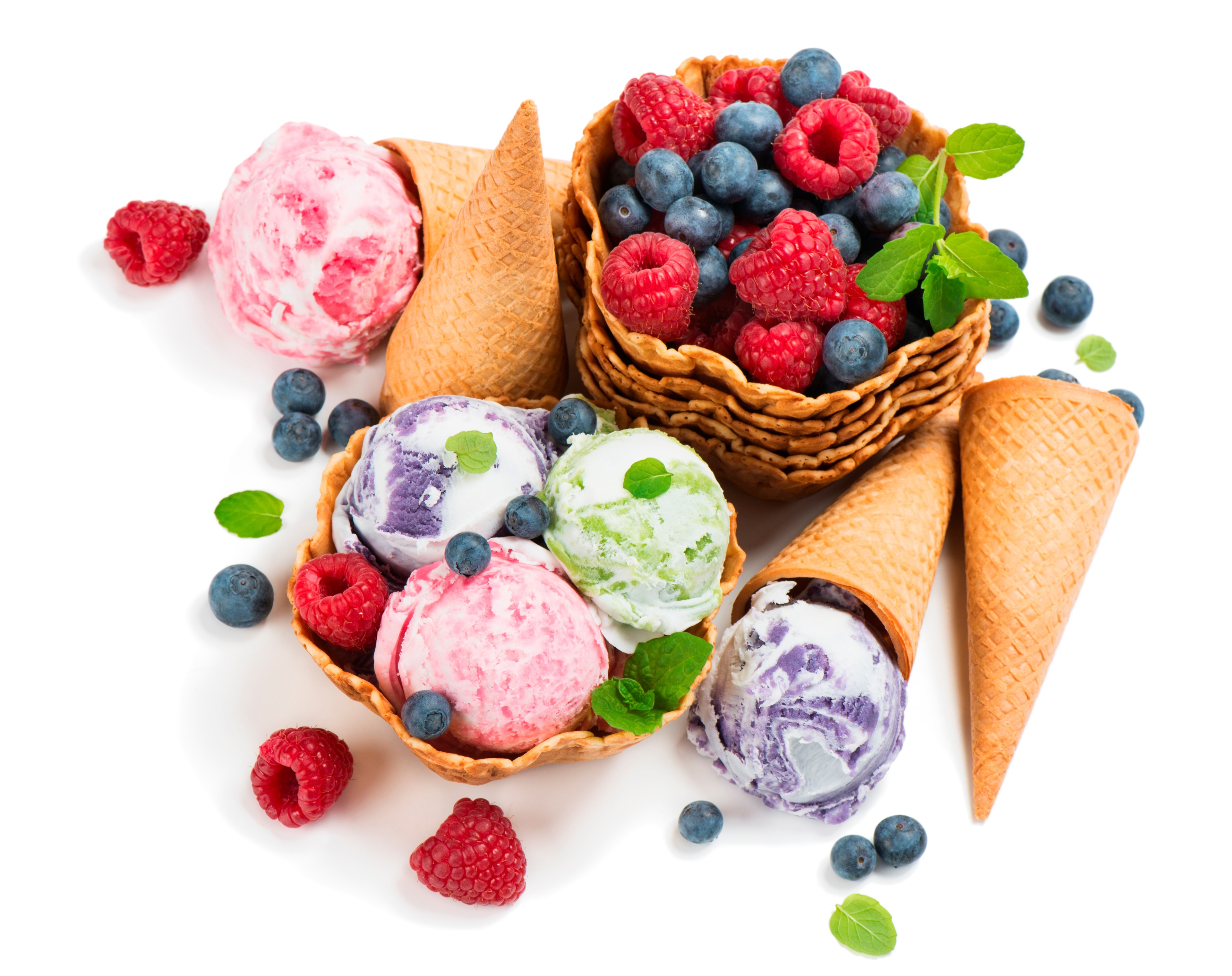 Ice cream with berries and cones 4K HD Wallpaper