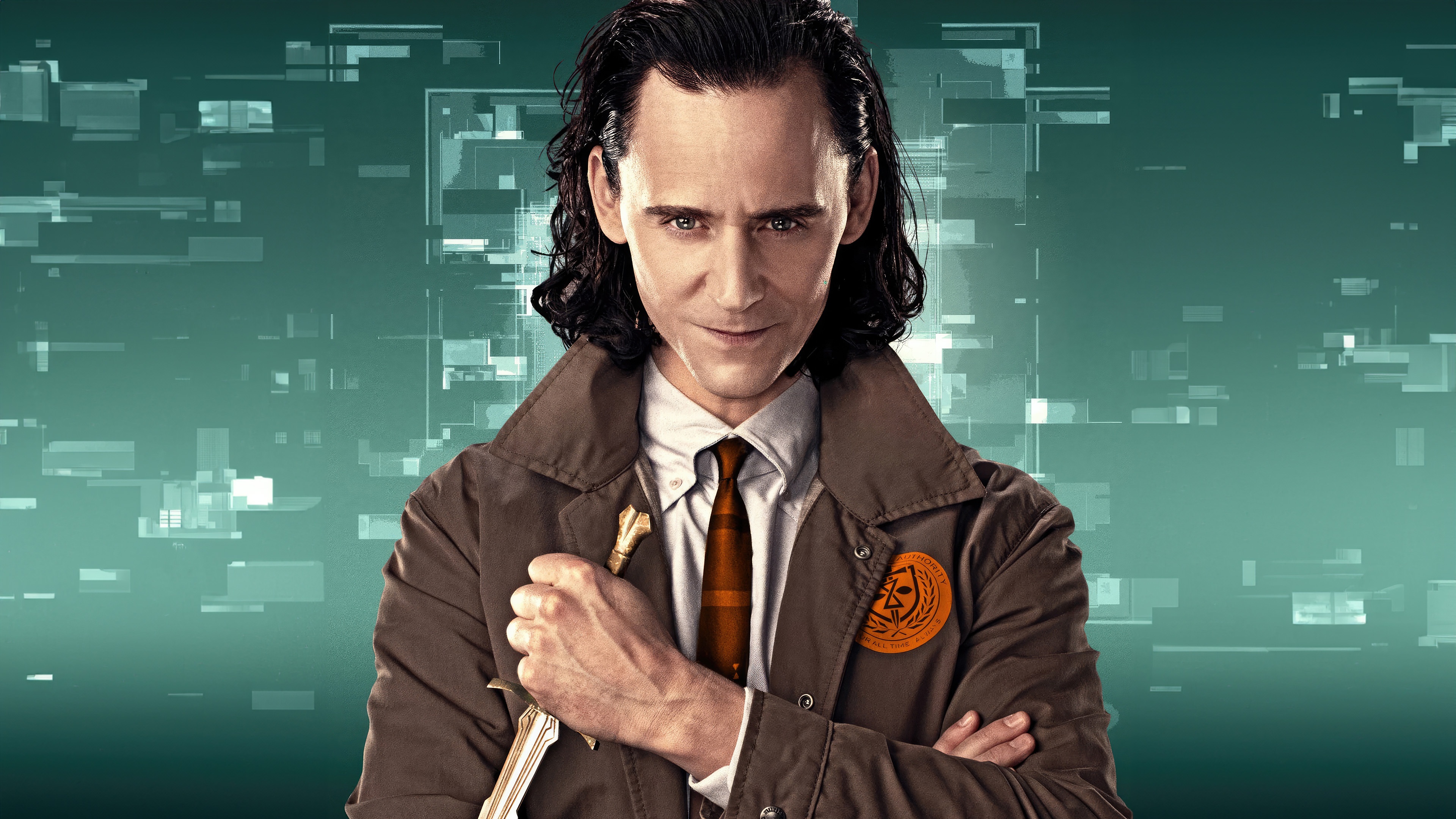 Loki with a dagger and TVA badge HD Wallpaper