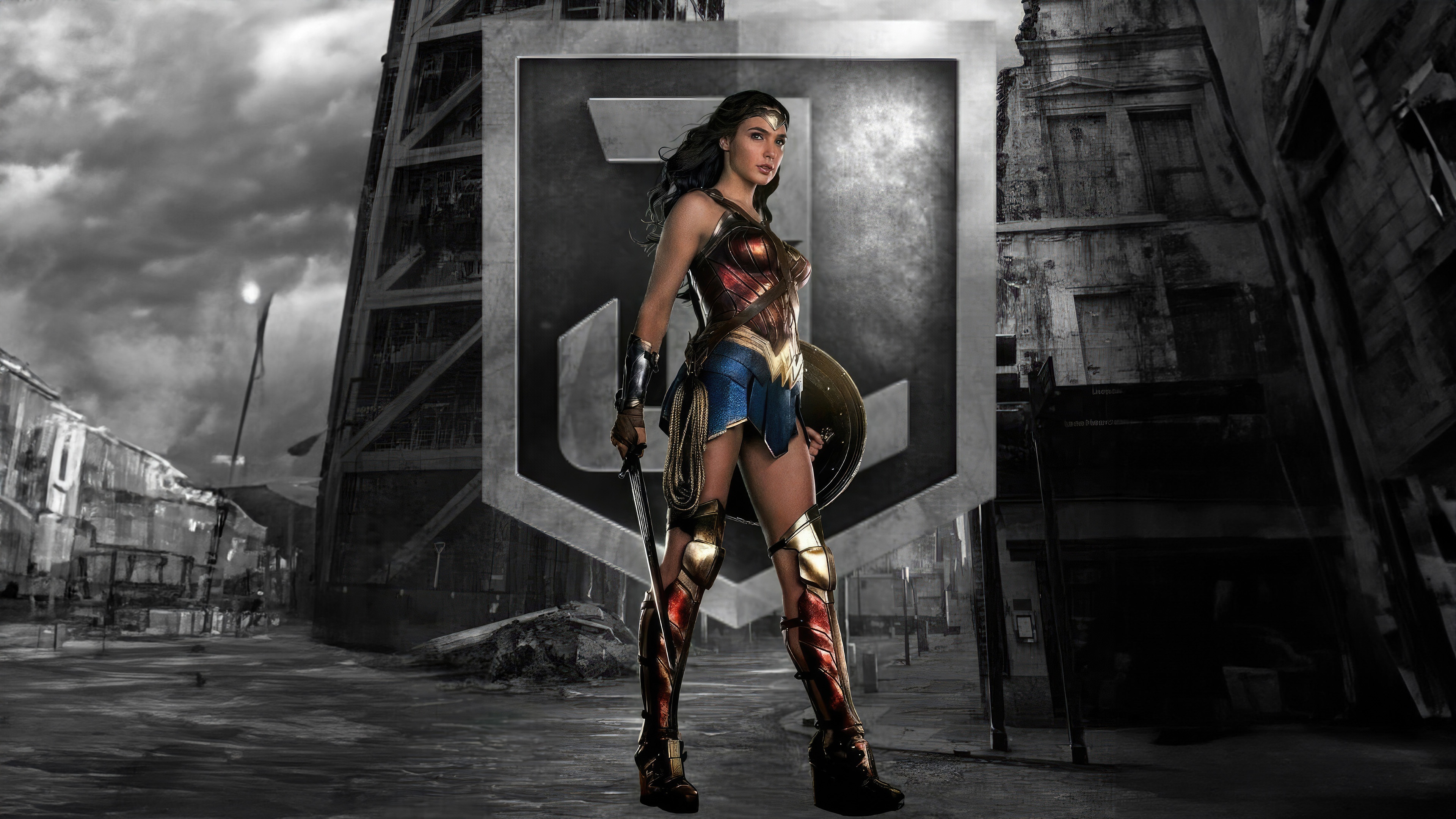 Wonder Woman in front of Justice League logo HD Wallpaper