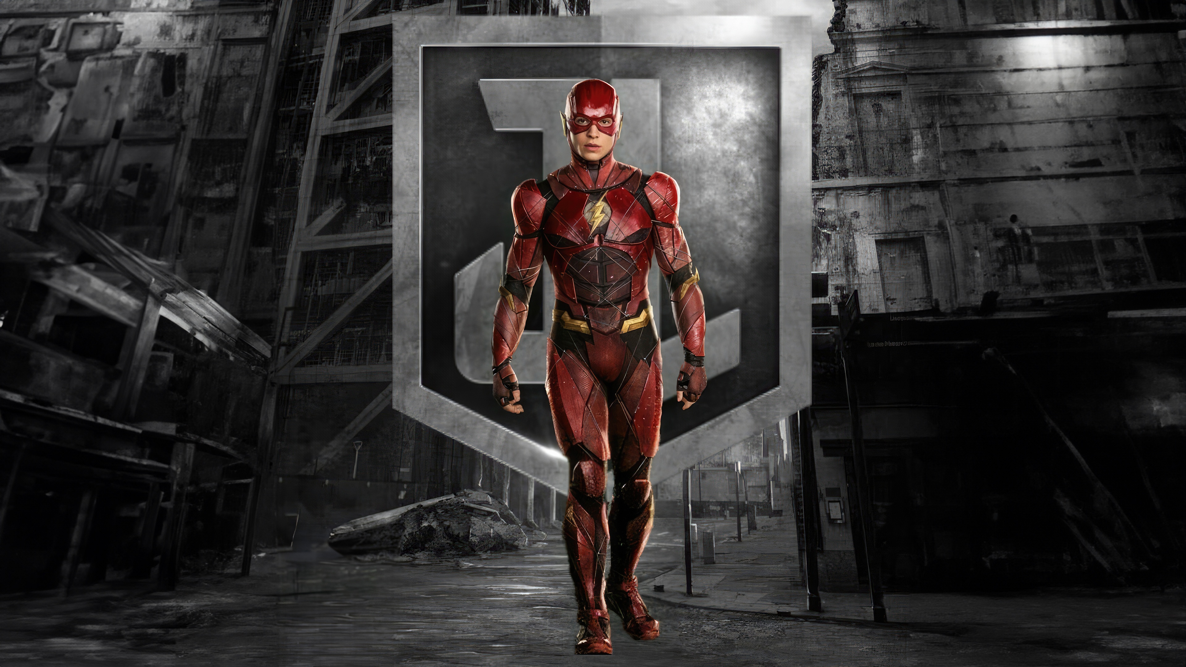 The Flash in front of the Justice League logo HD Wallpaper