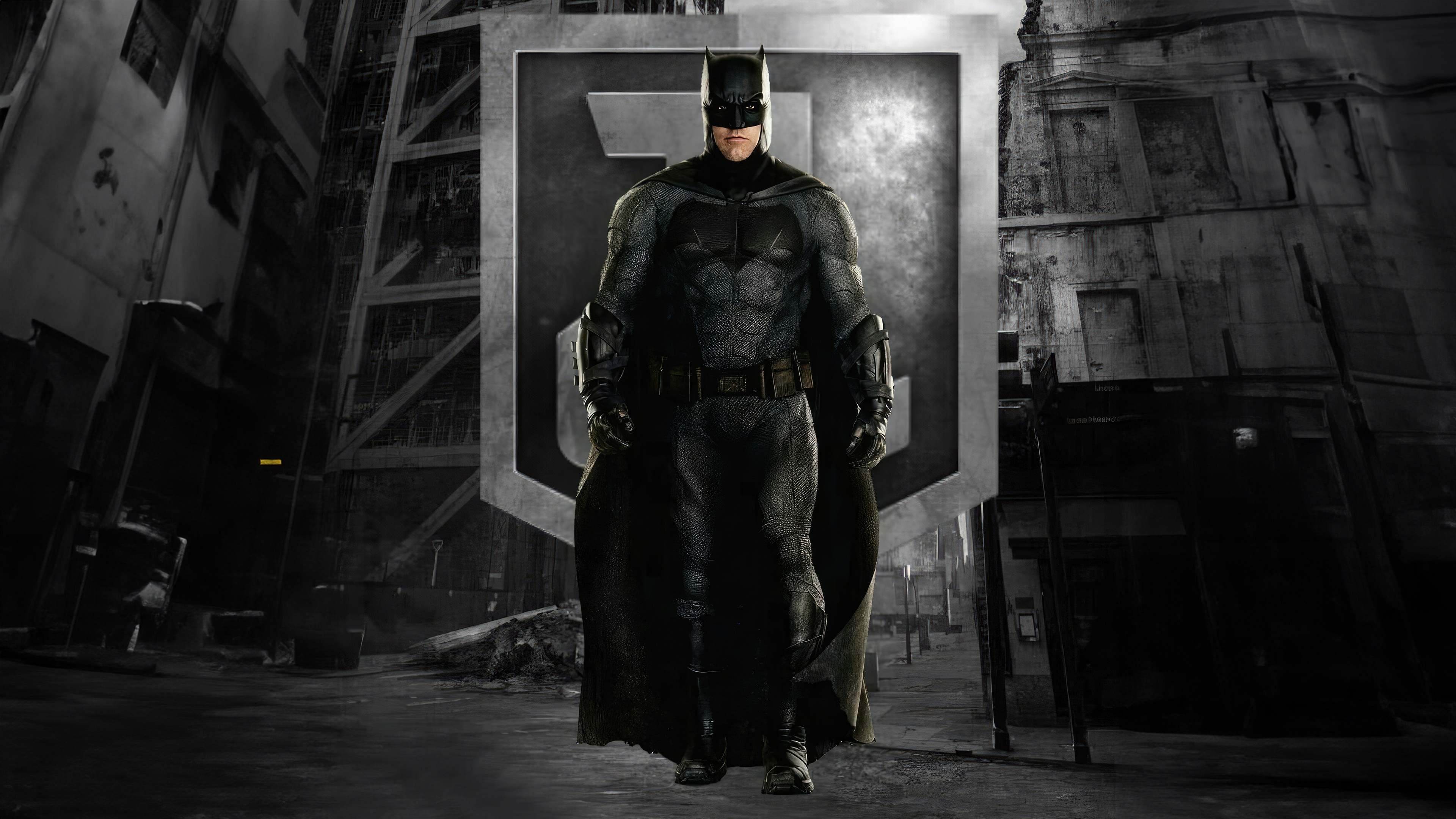 Batman in front of the Justice League logo HD Wallpaper