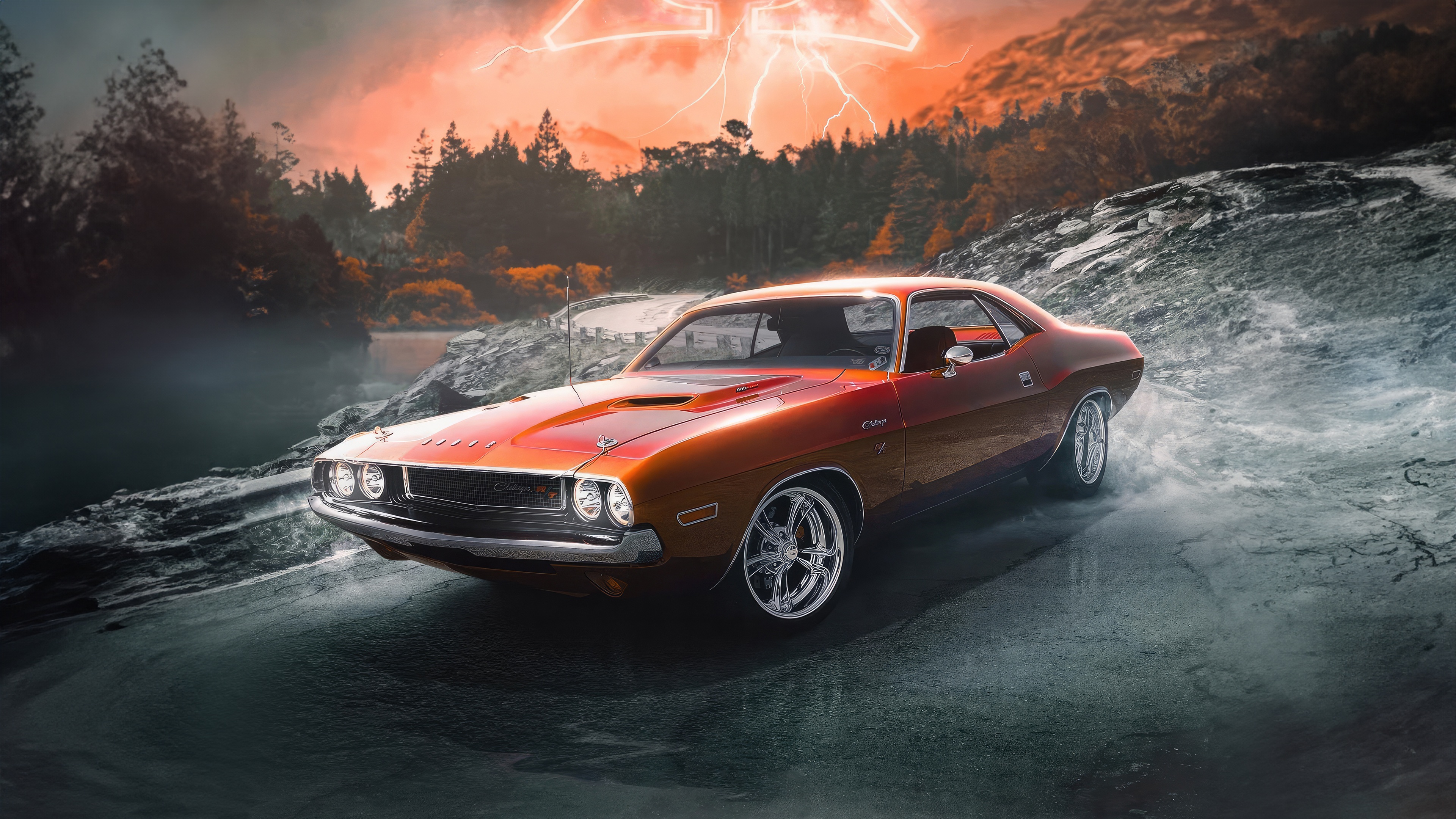 Orange Dodge Challenger in a Stormy Landscape HD Wallpaper