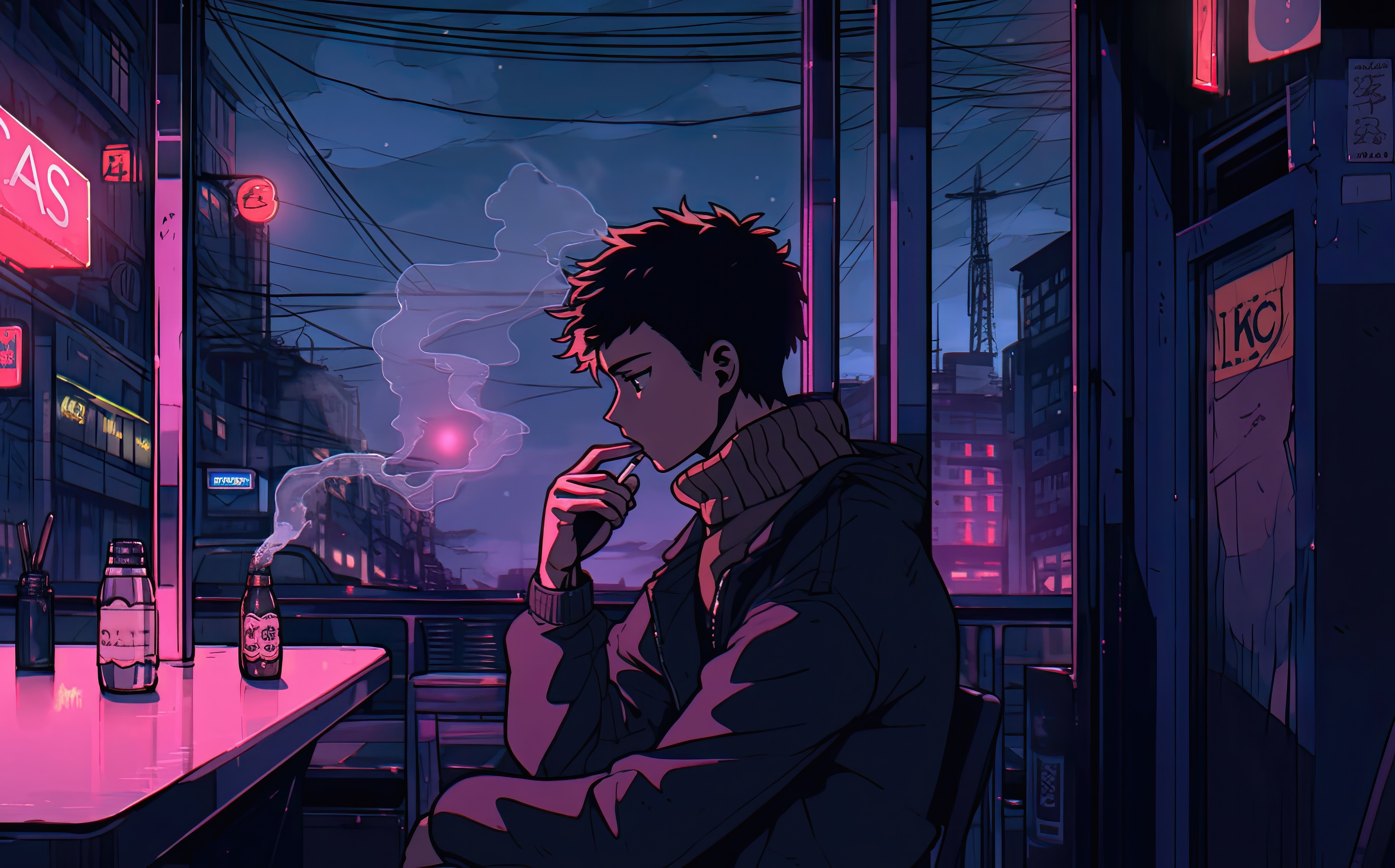 Lofi Boy Smoking in a Neon City HD Wallpaper