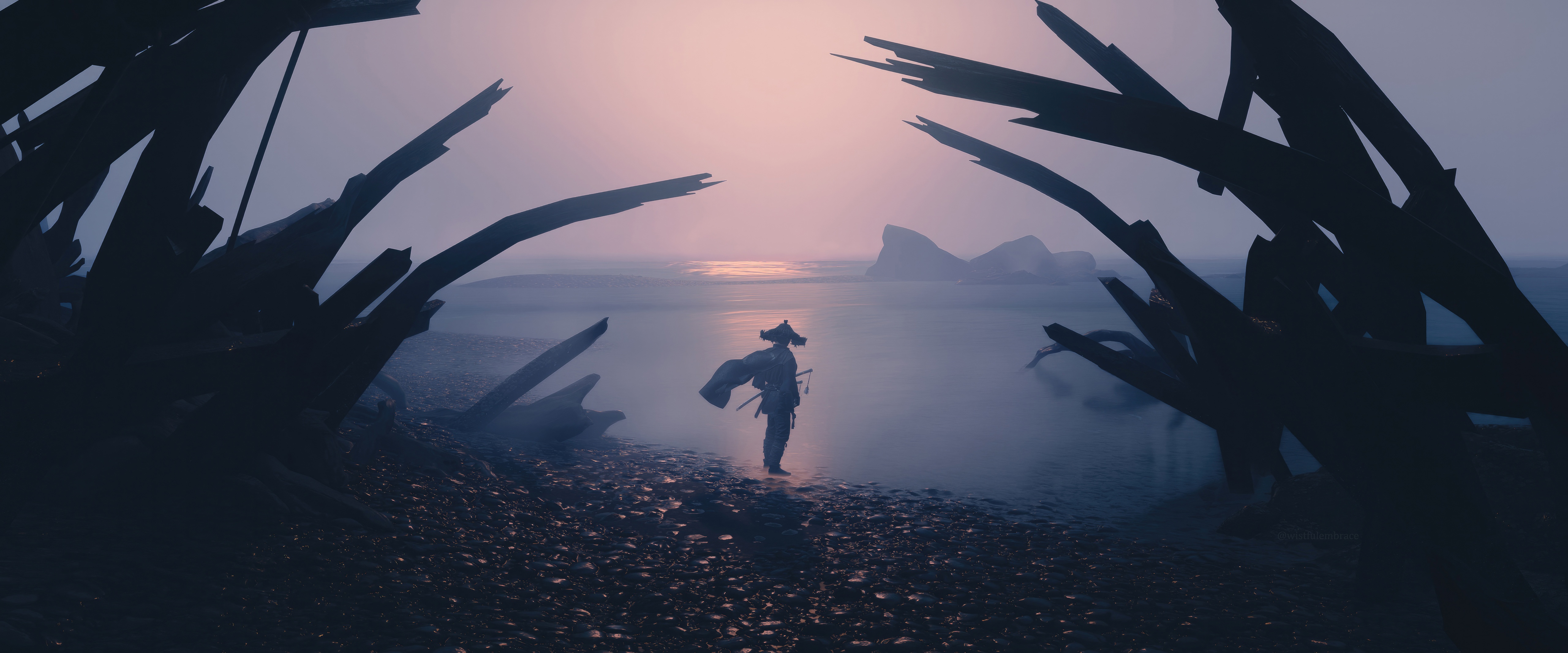 Ghost of Tsushima Samurai on a Rocky Shore HD Wallpaper