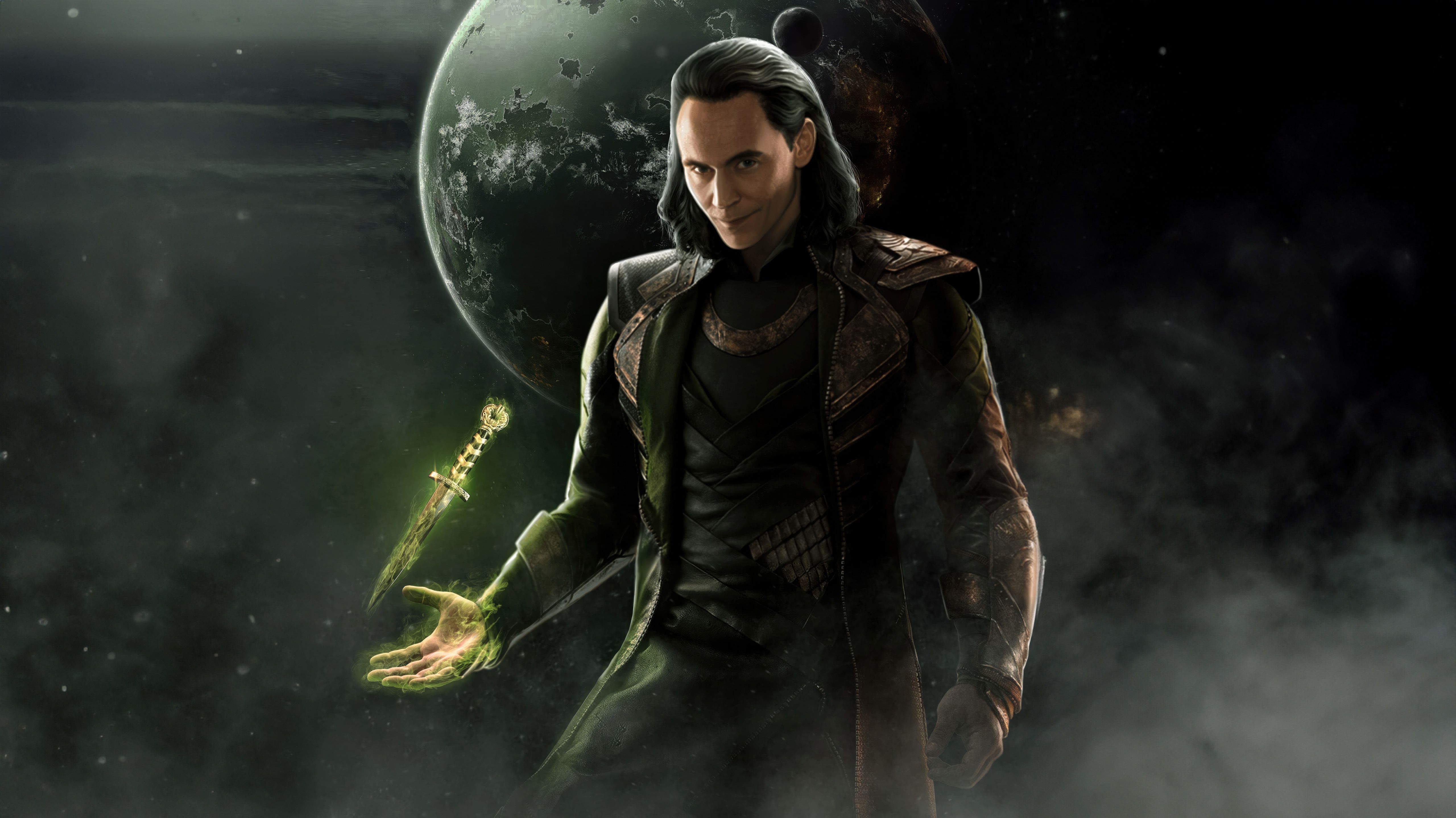 Loki with a glowing dagger in space HD Wallpaper
