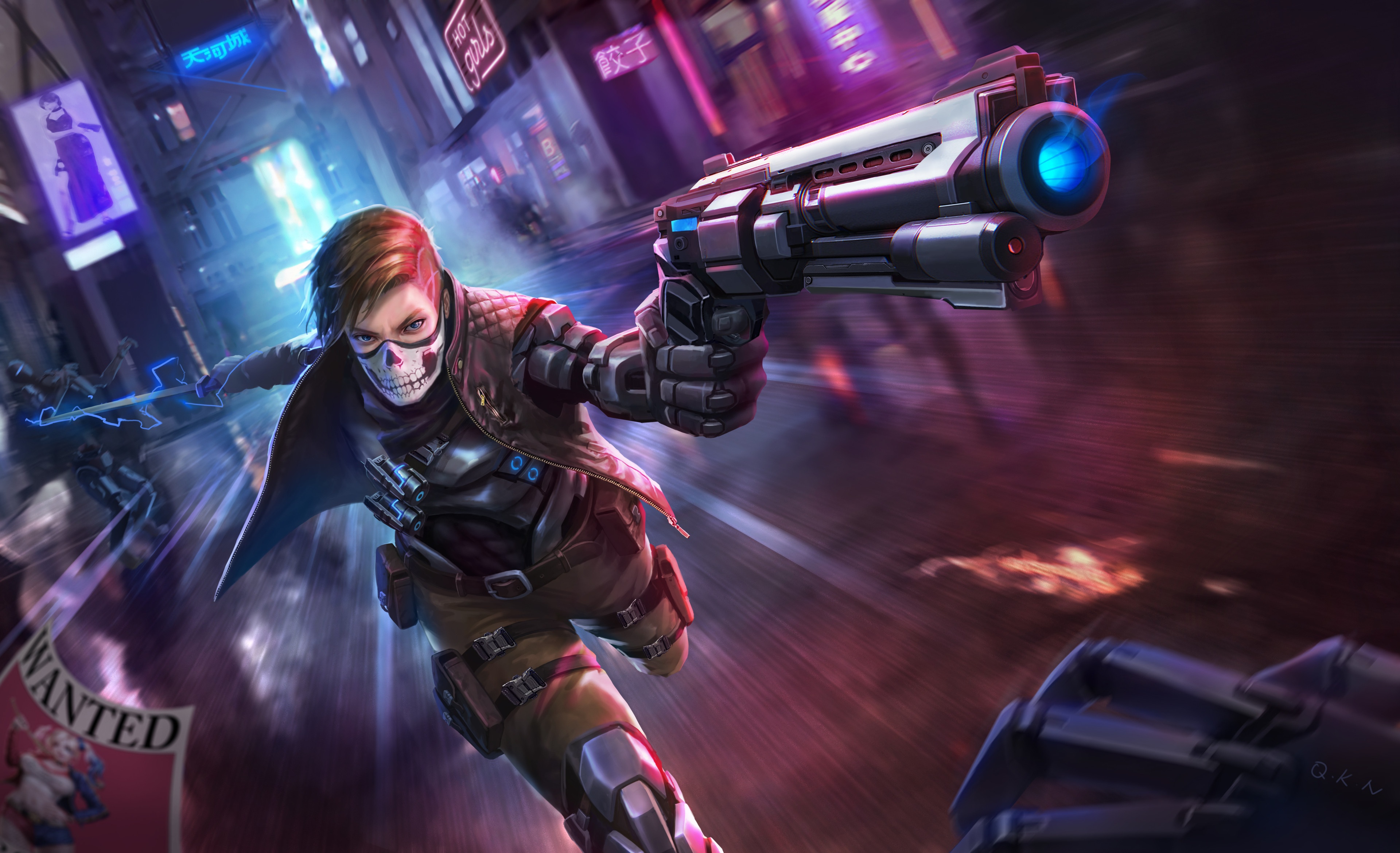 Bounty Hunter with Skull Mask and Gun in Neon City HD Wallpaper