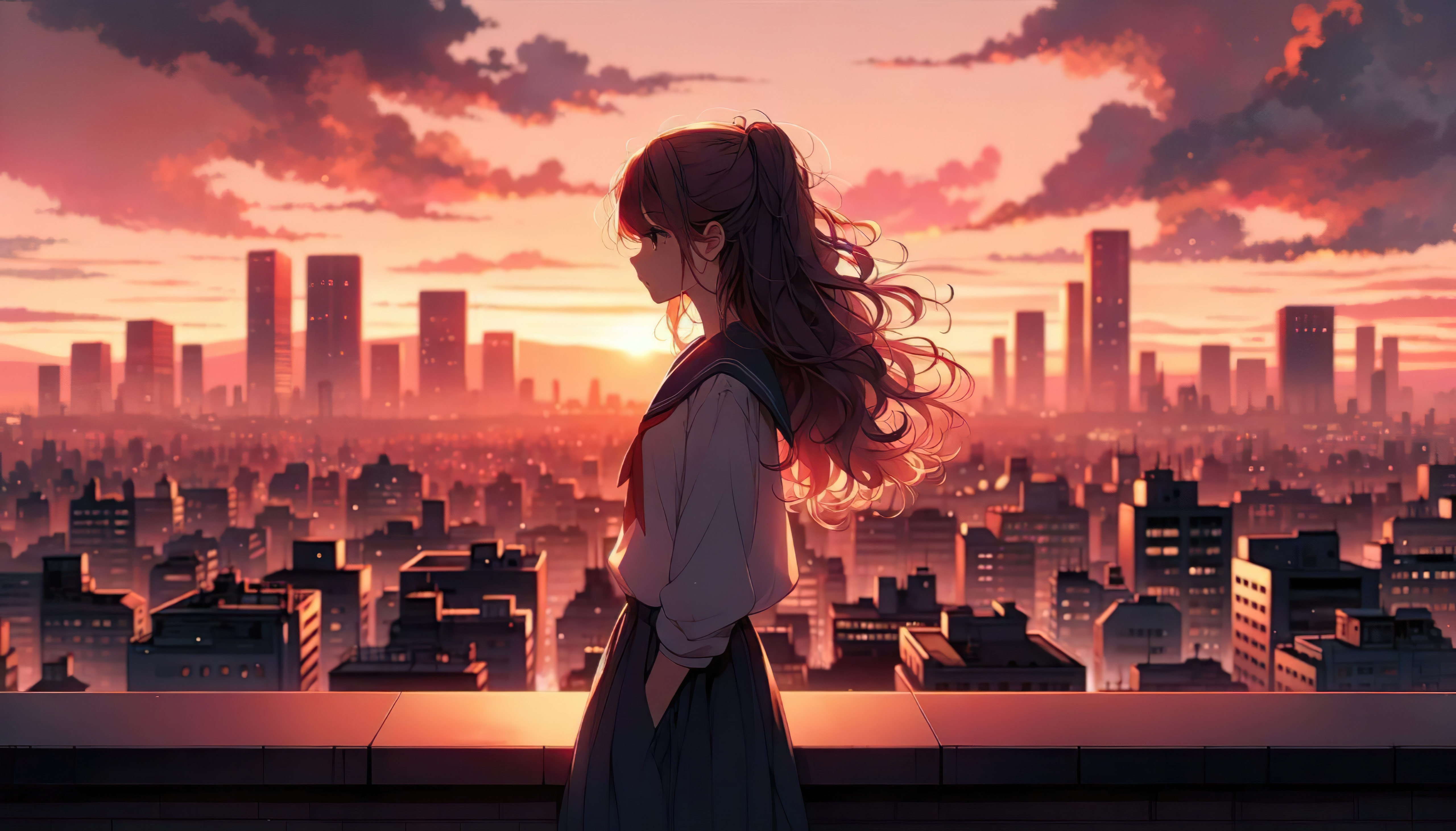 Anime school girl lost in thought overlooking city at sunset HD Wallpaper