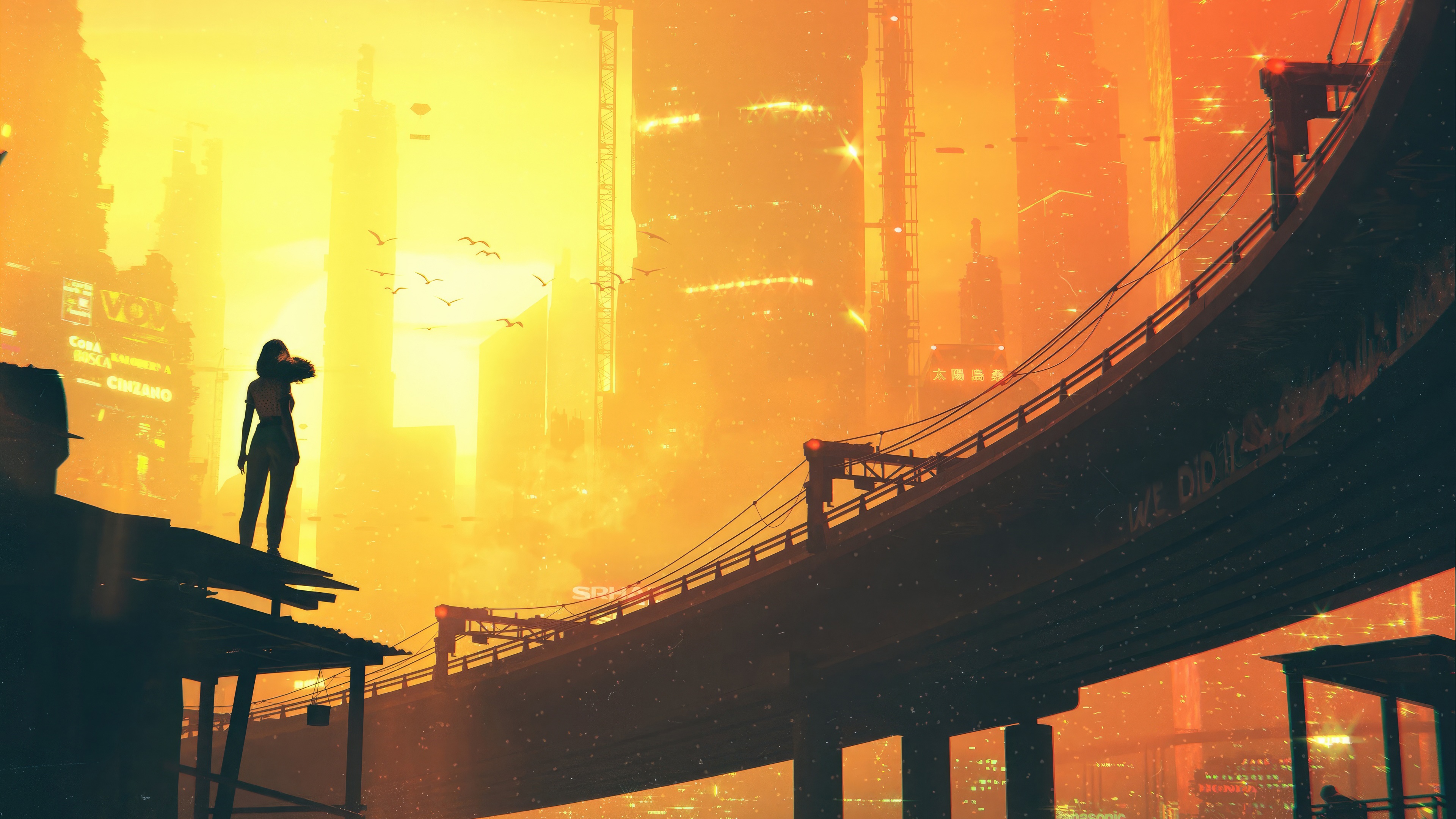 Woman on rooftop overlooking a futuristic city at sunrise HD Wallpaper