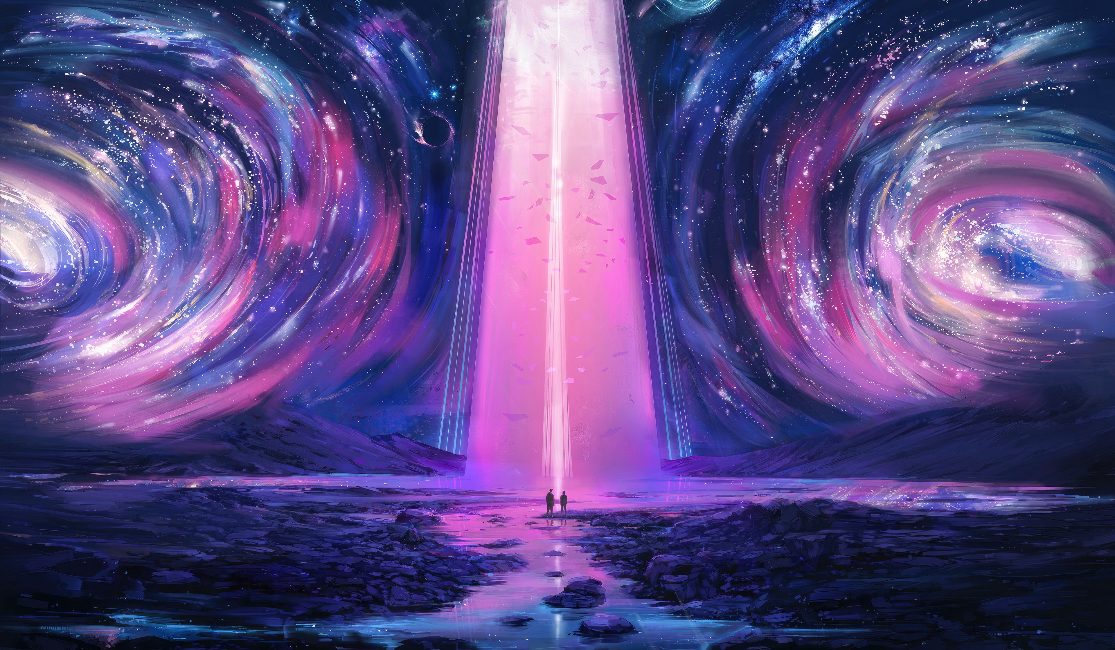 Two figures stand before a cosmic beam connecting worlds HD Wallpaper