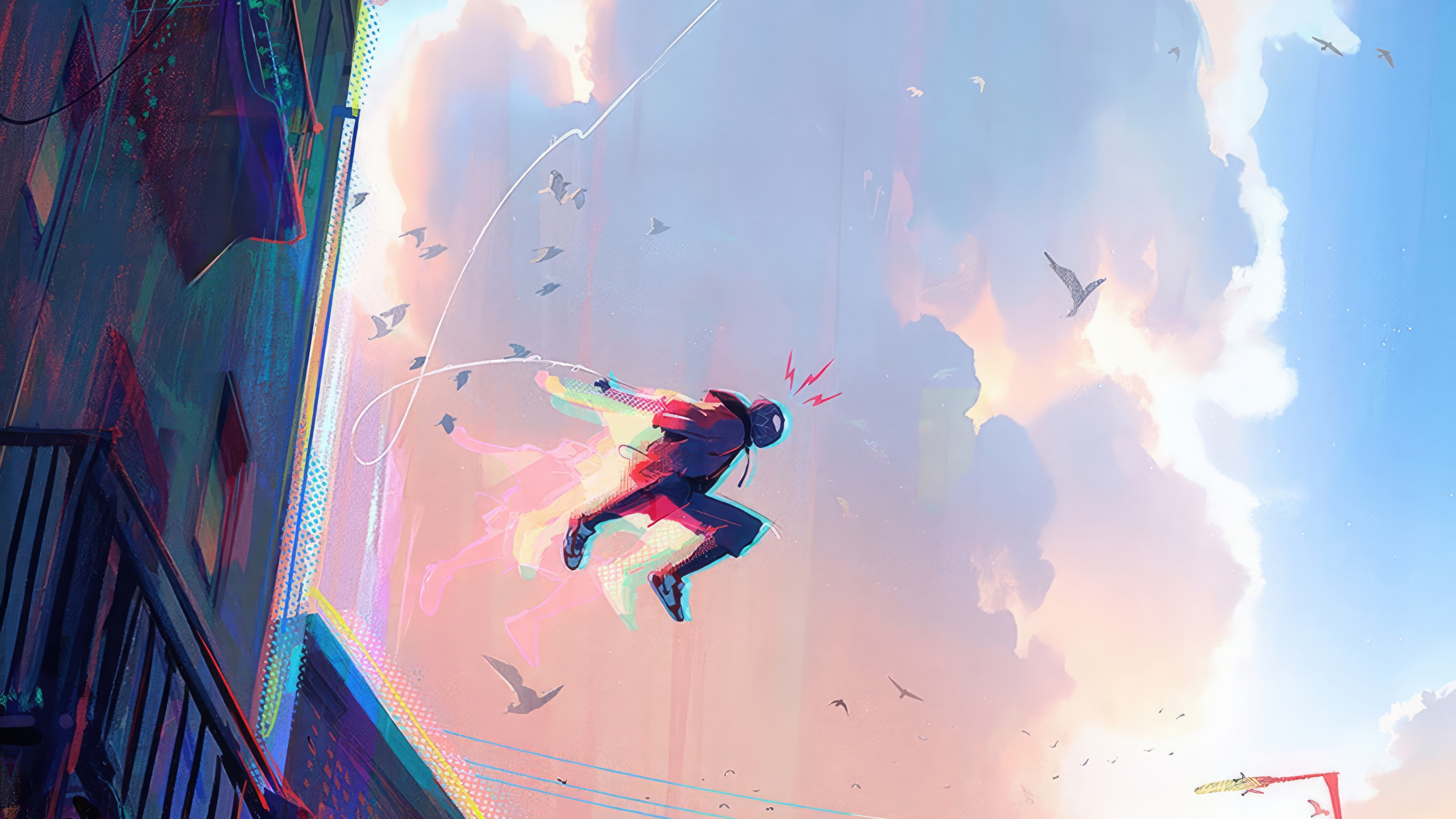 Spider-Man jumping between buildings at sunset HD Wallpaper