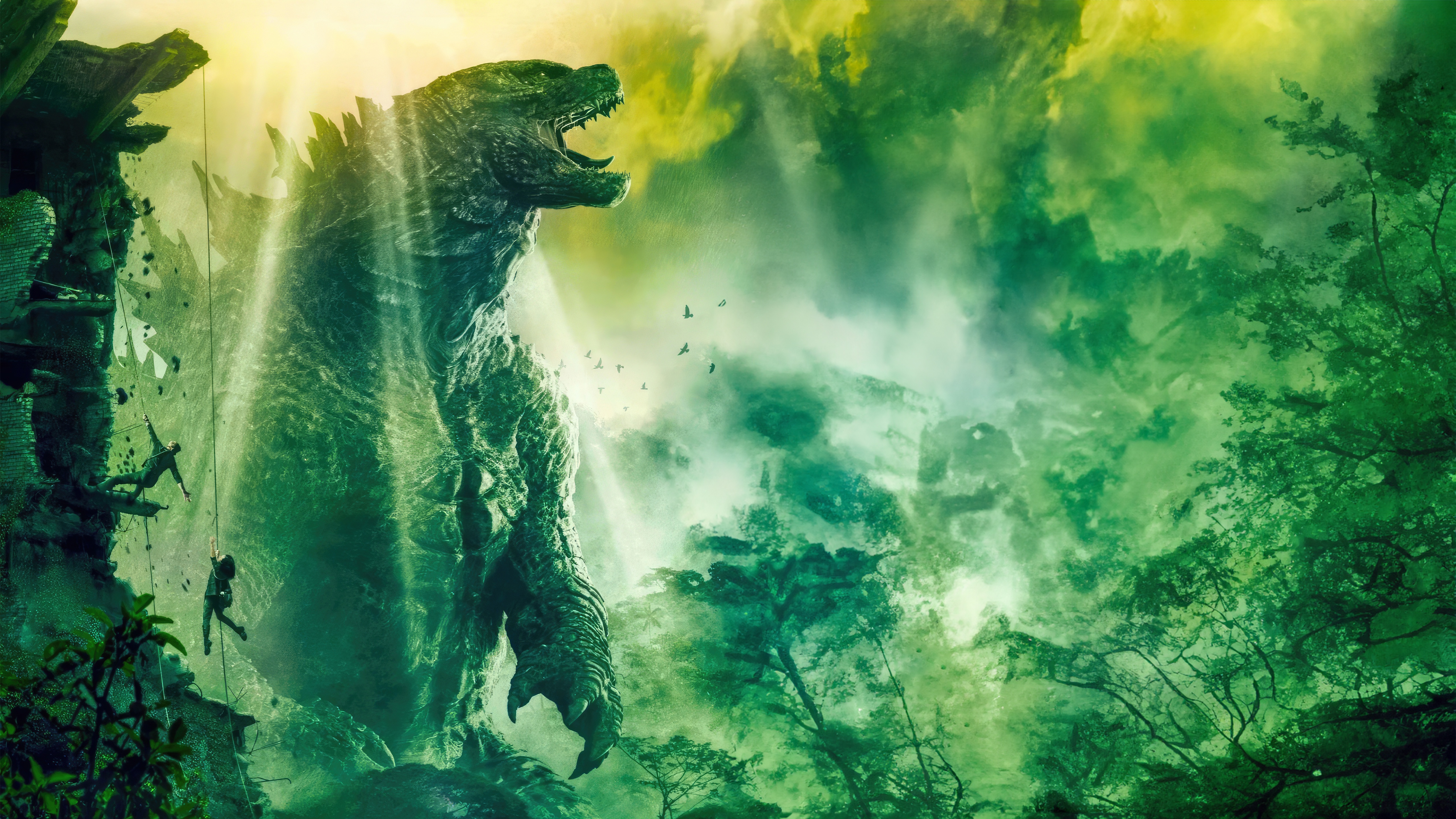 Godzilla in a Lush, Misty Jungle HD Wallpaper