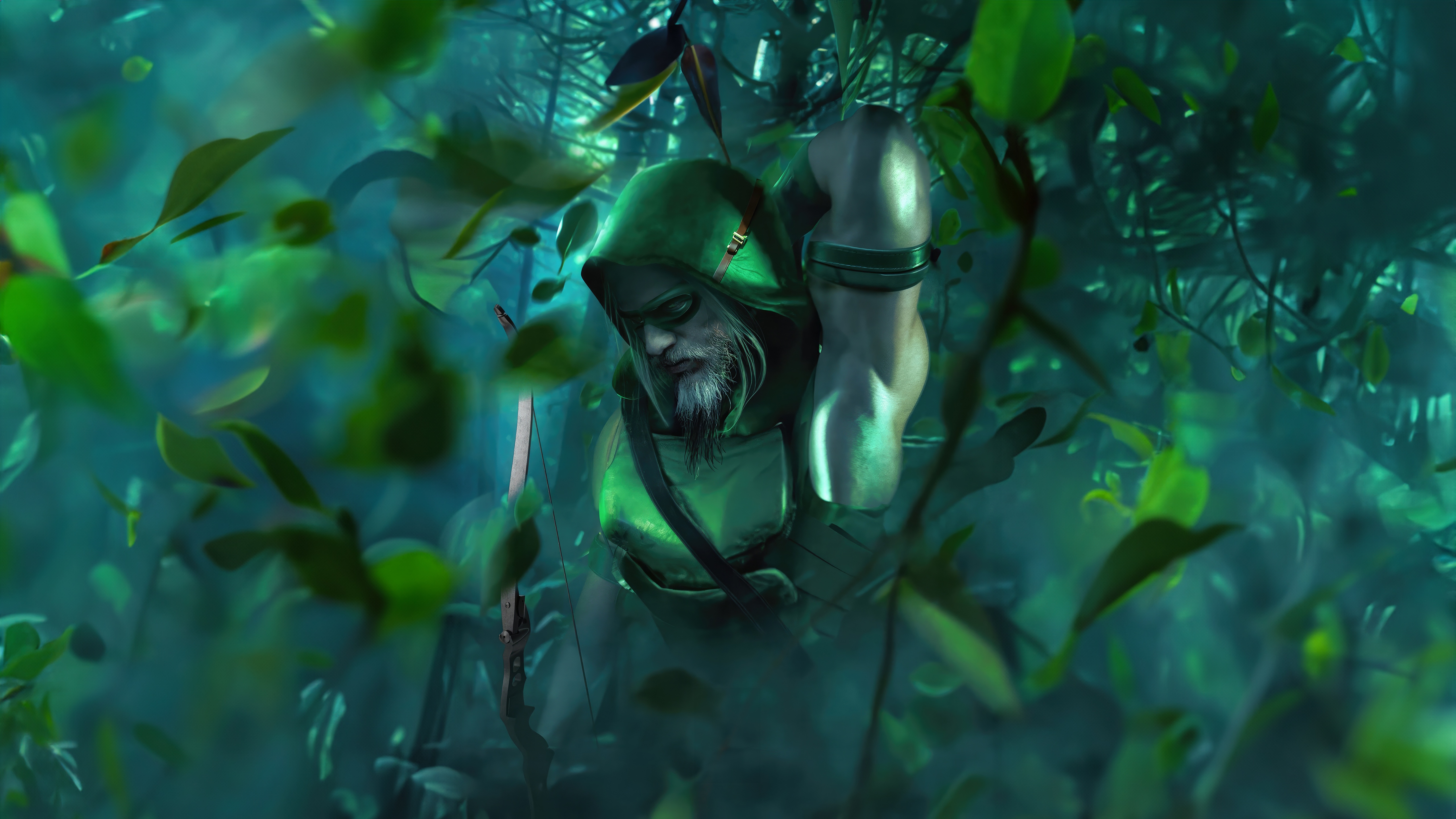 Green Arrow in a dense, green forest HD Wallpaper