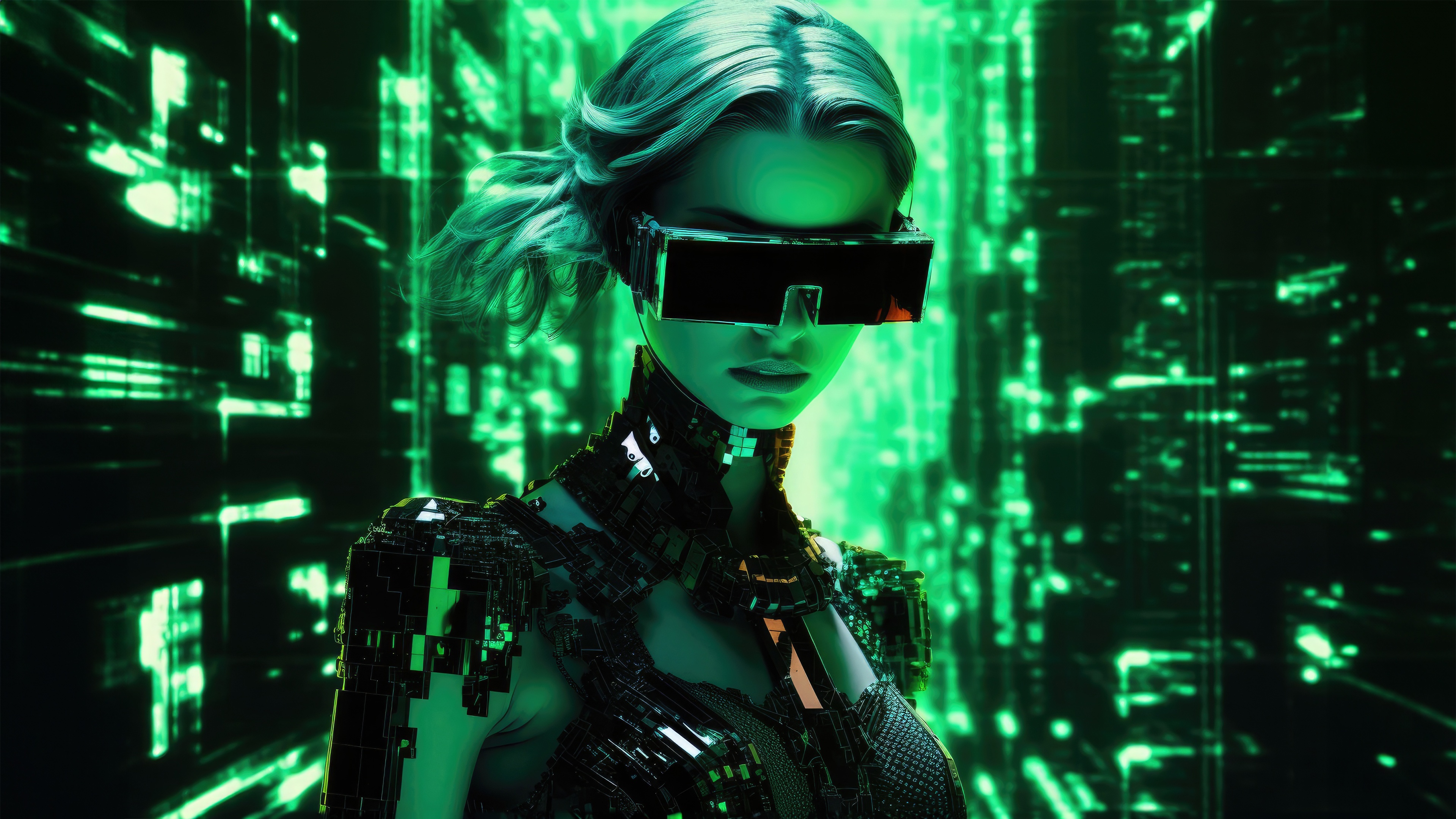 Cyborg Woman in a Neon Matrix Environment HD Wallpaper