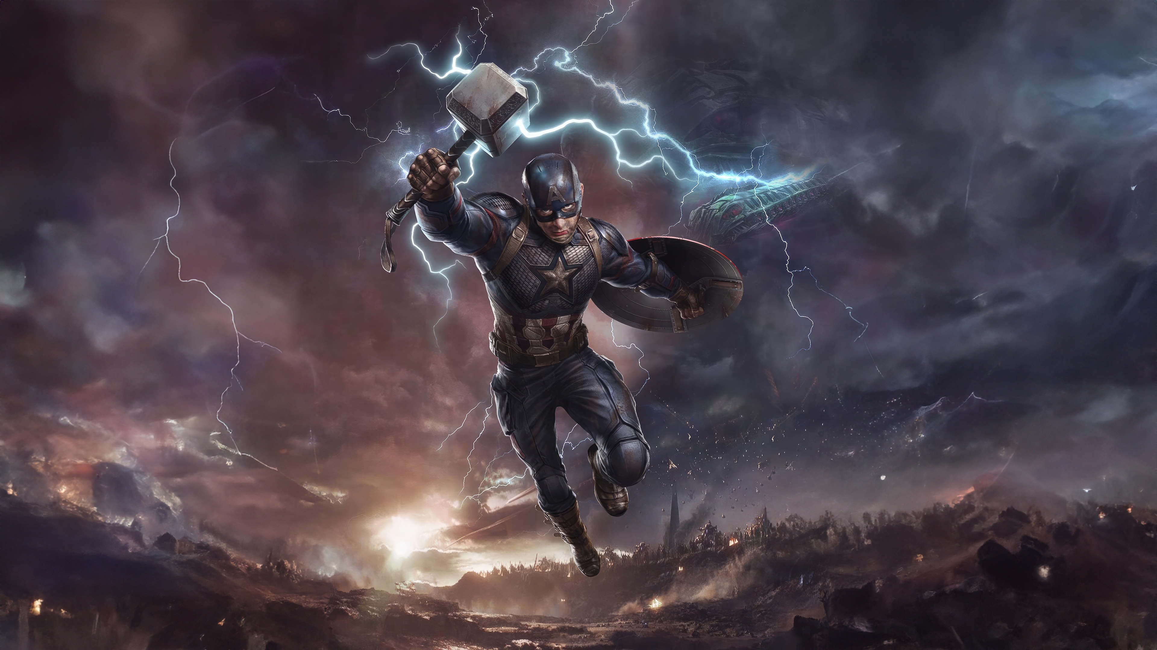 Captain America with Mjolnir and Shield HD Wallpaper