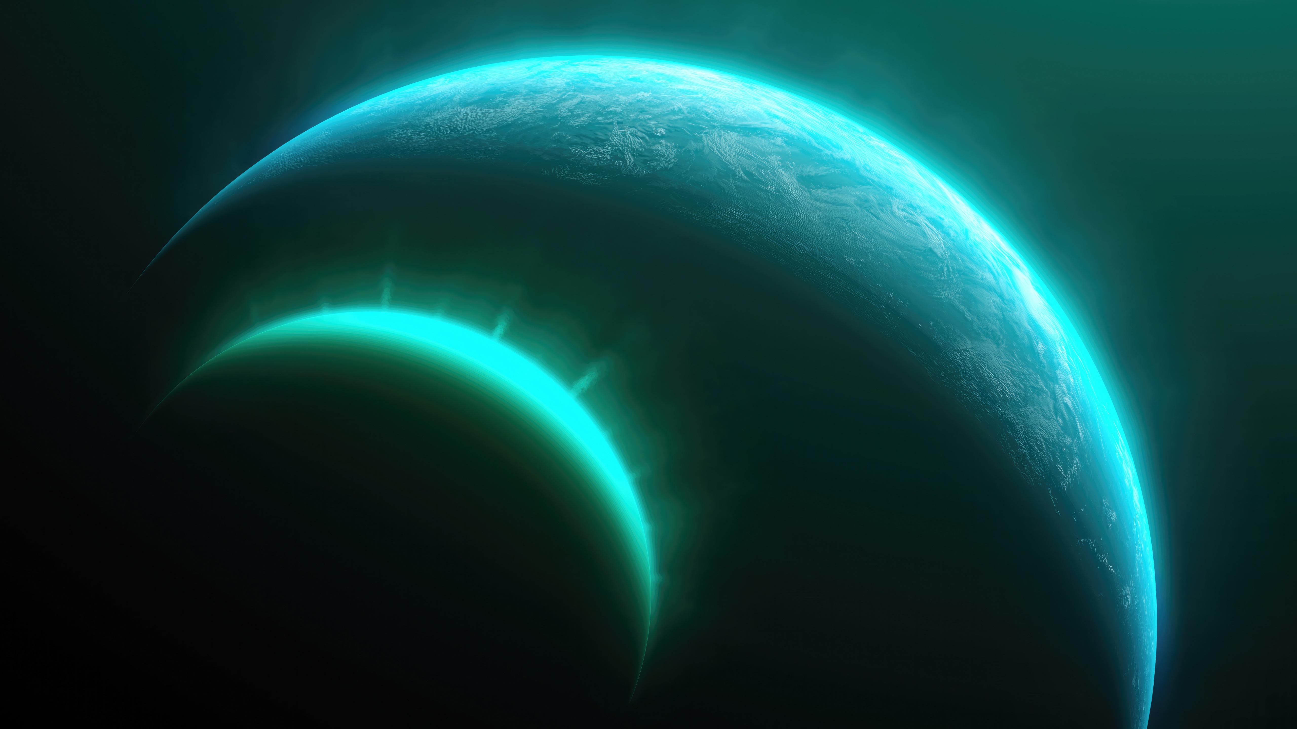 Two planets with glowing aurora in space HD Wallpaper