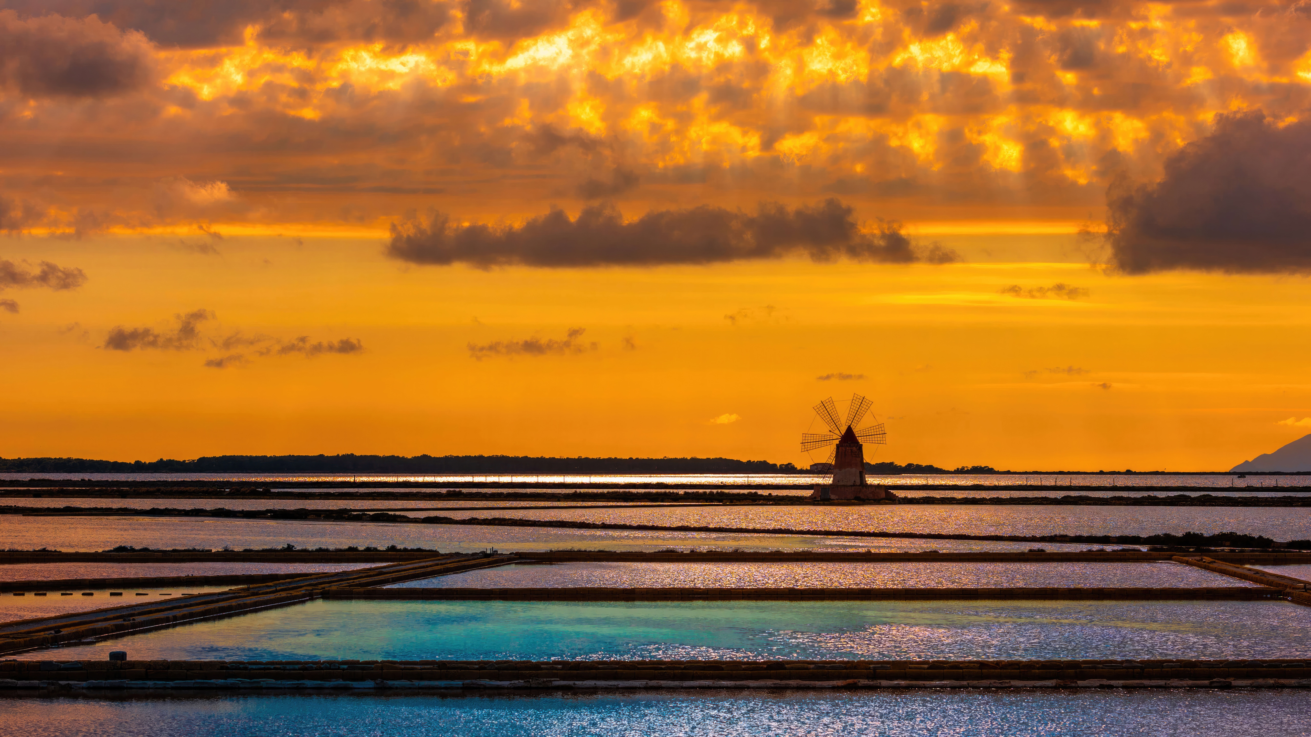 Salt pans and windmill at sunset in Marsala HD Wallpaper