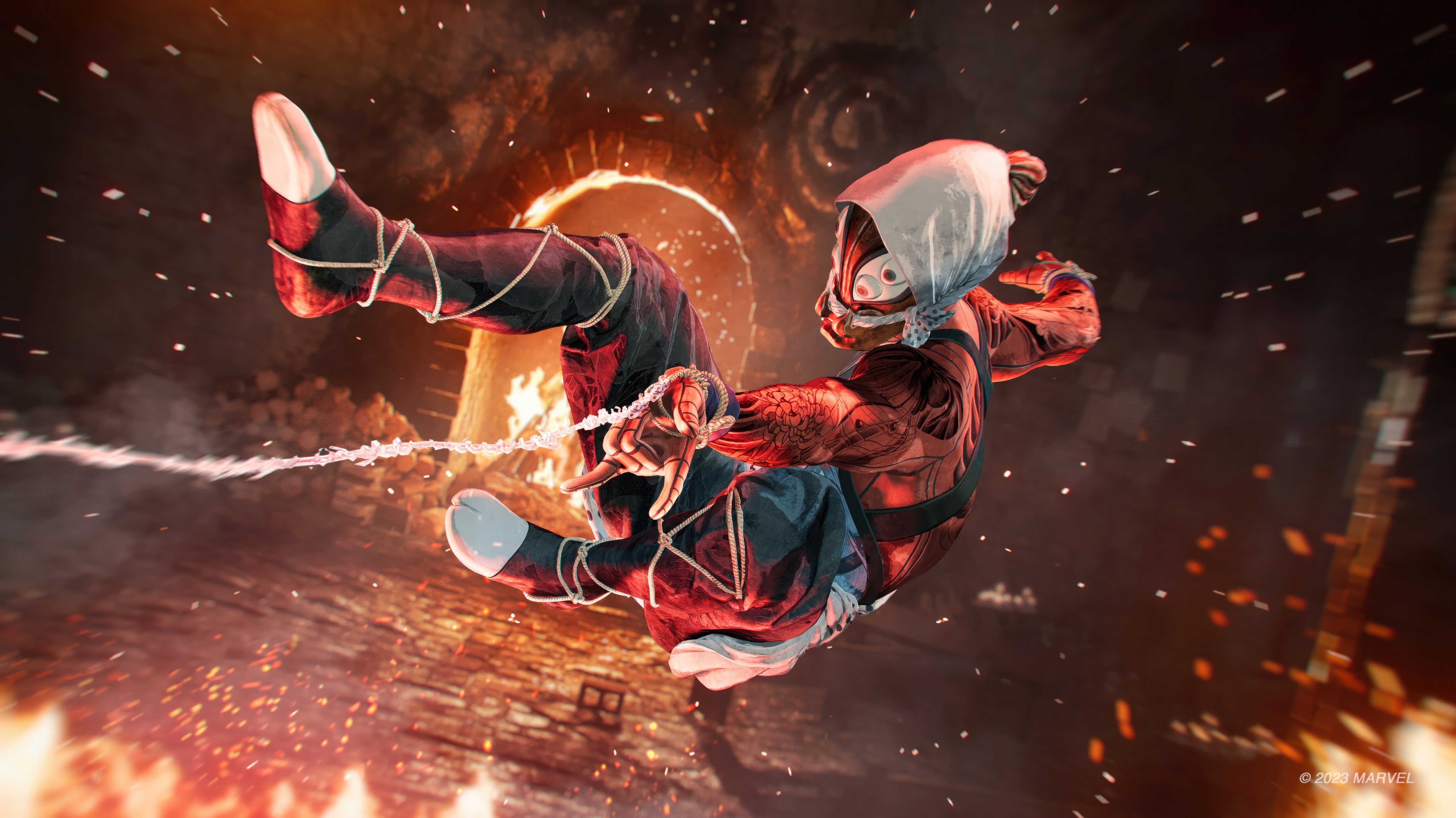 Spider-Man in Kumo Suits swinging through fire HD Wallpaper