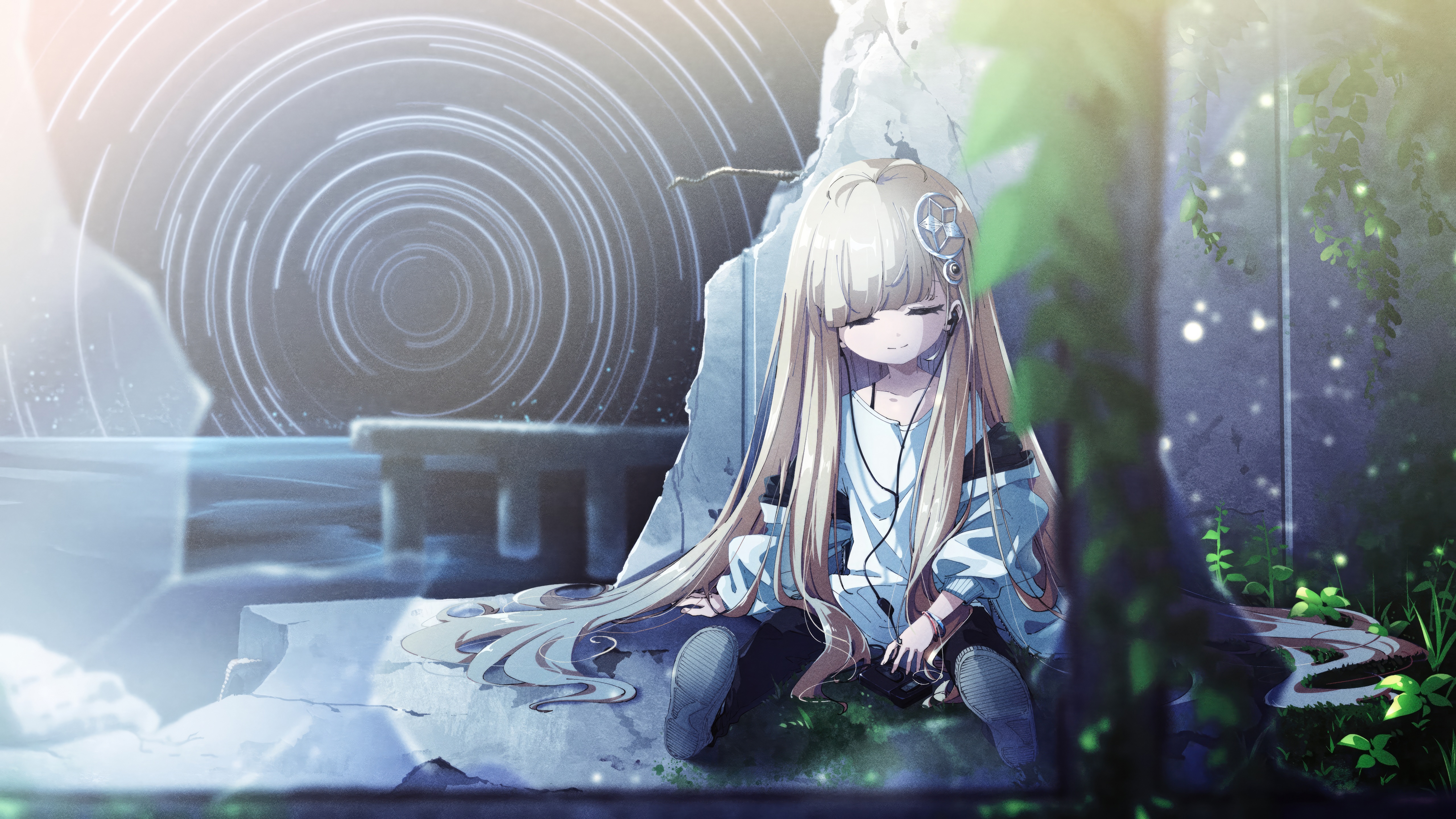 Anime girl with headphones listening to music HD Wallpaper