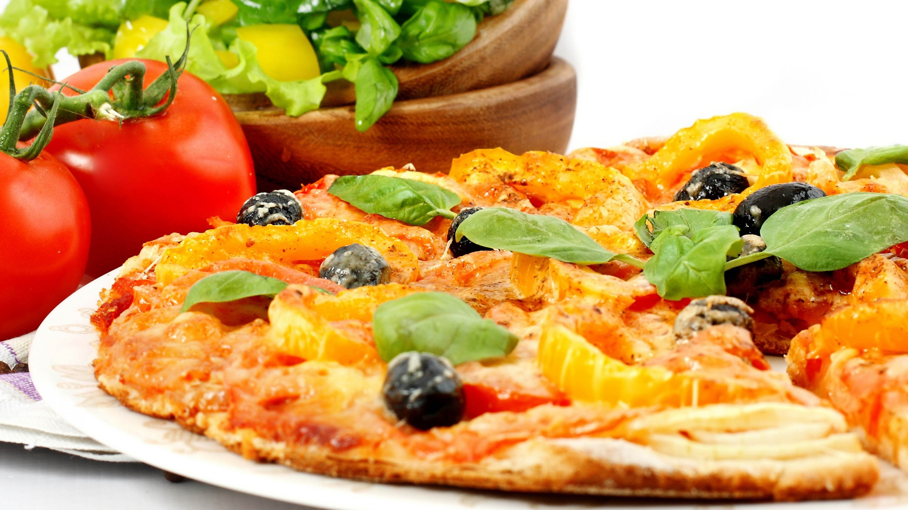 Pizza with Tomatoes and Salad HD Wallpaper