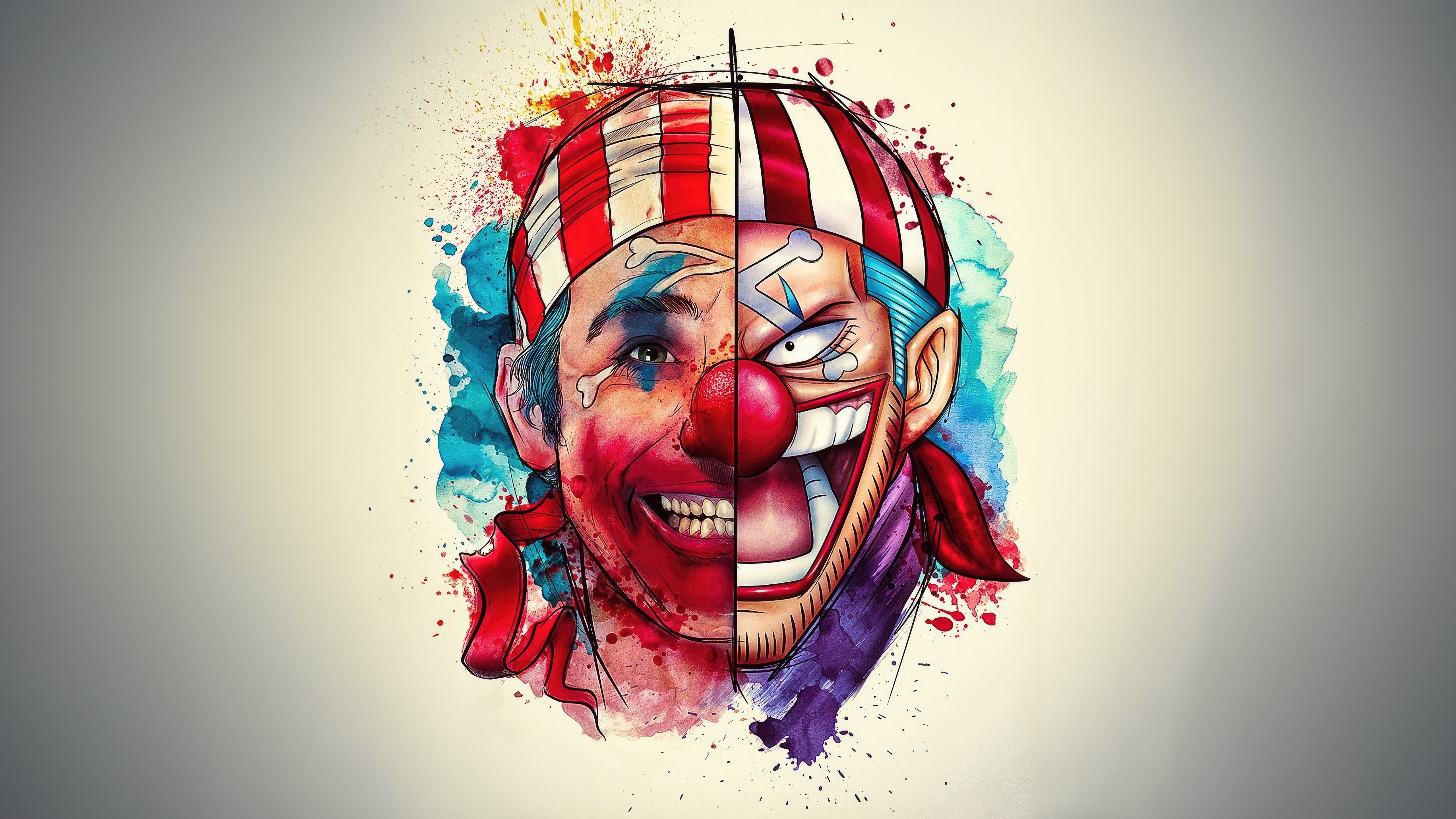 Buggy The Clown split face watercolor art HD Wallpaper