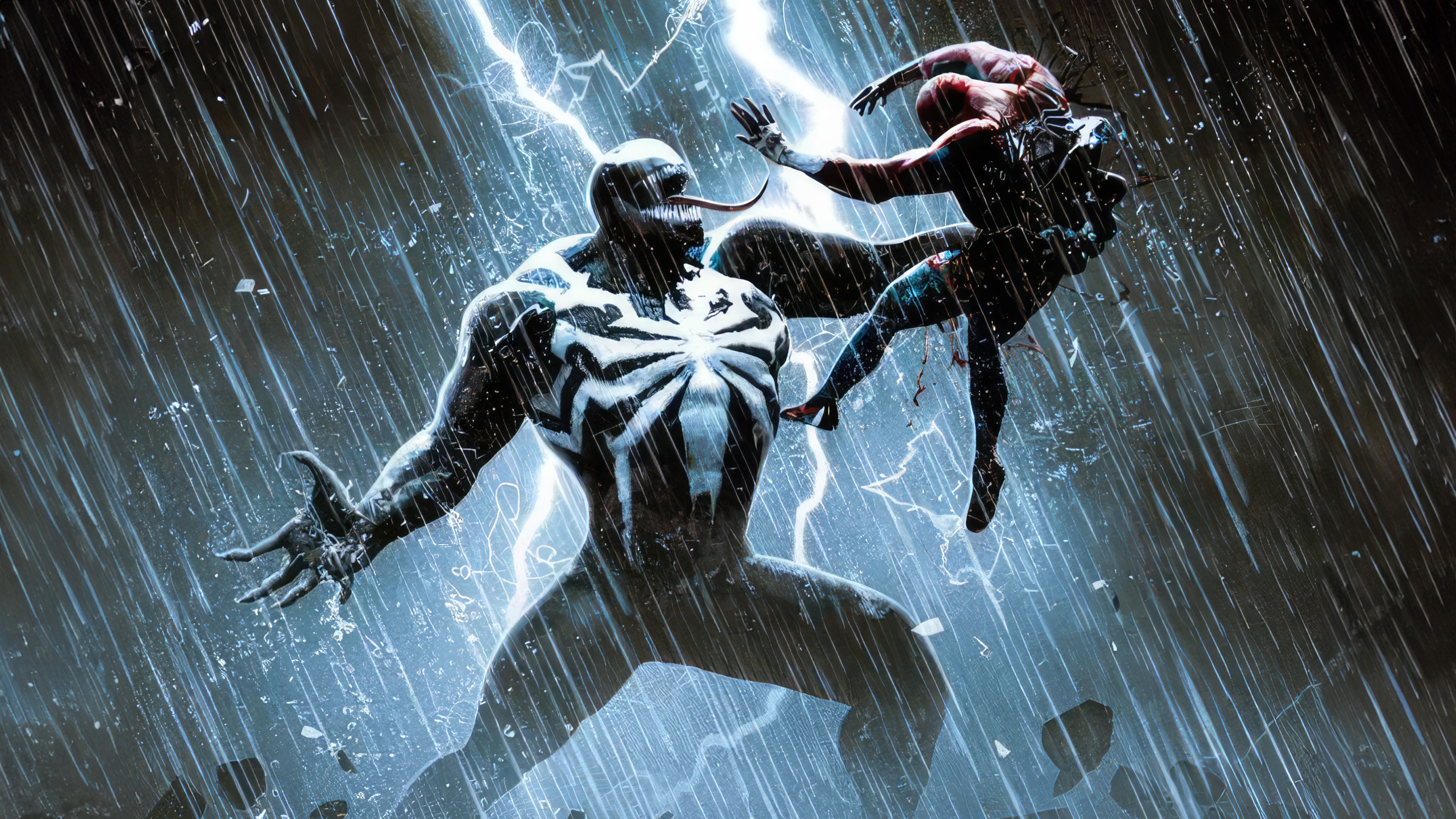 Venom vs. Spider-Man in a Thunderstorm HD Wallpaper