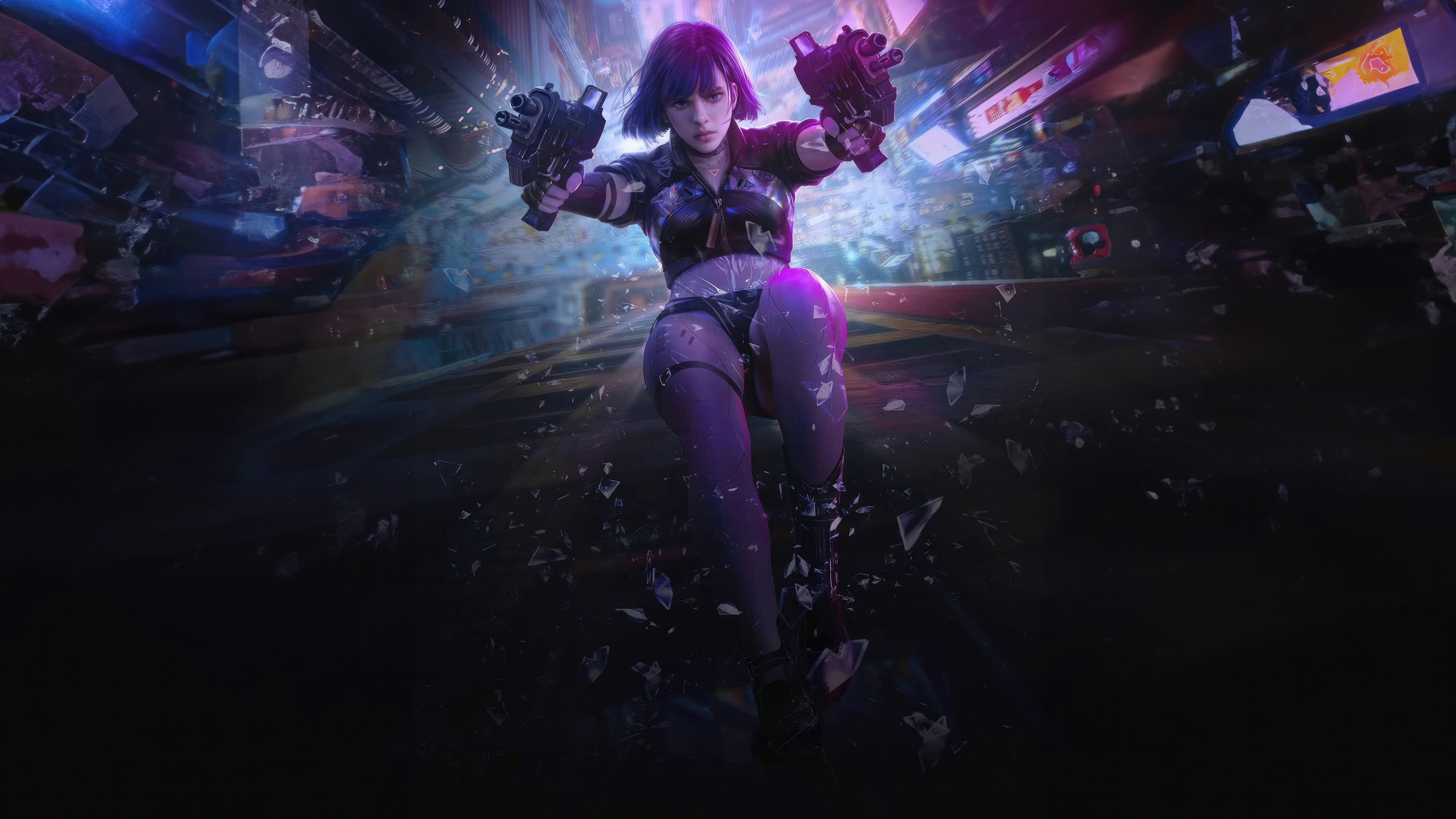 Girl firing guns in a futuristic city at night HD Wallpaper