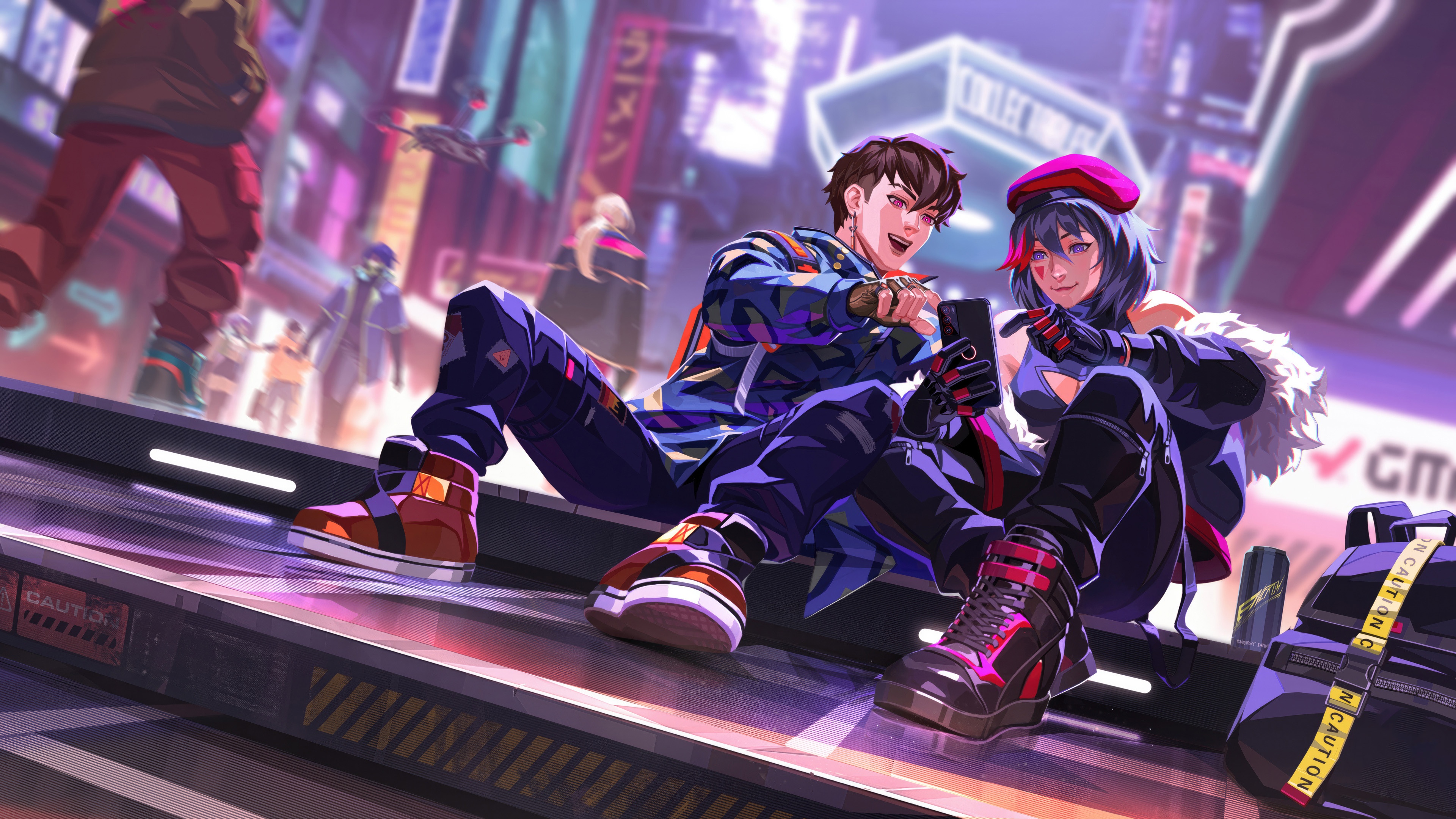 Anime Boy and Girl in a Neon City HD Wallpaper