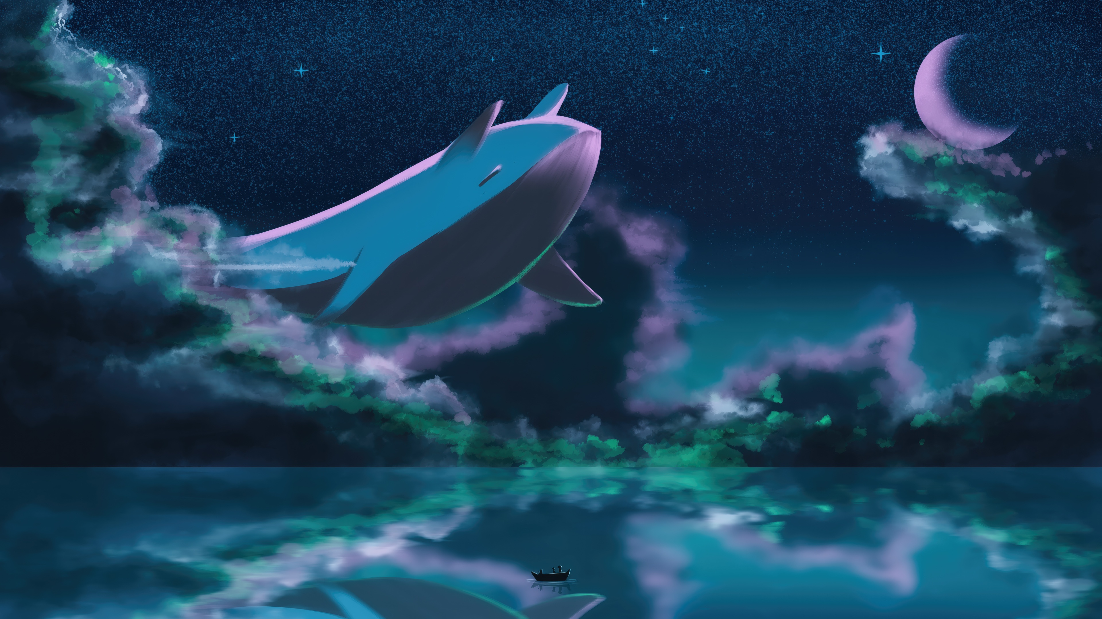 Whale swimming in the night sky above the ocean HD Wallpaper