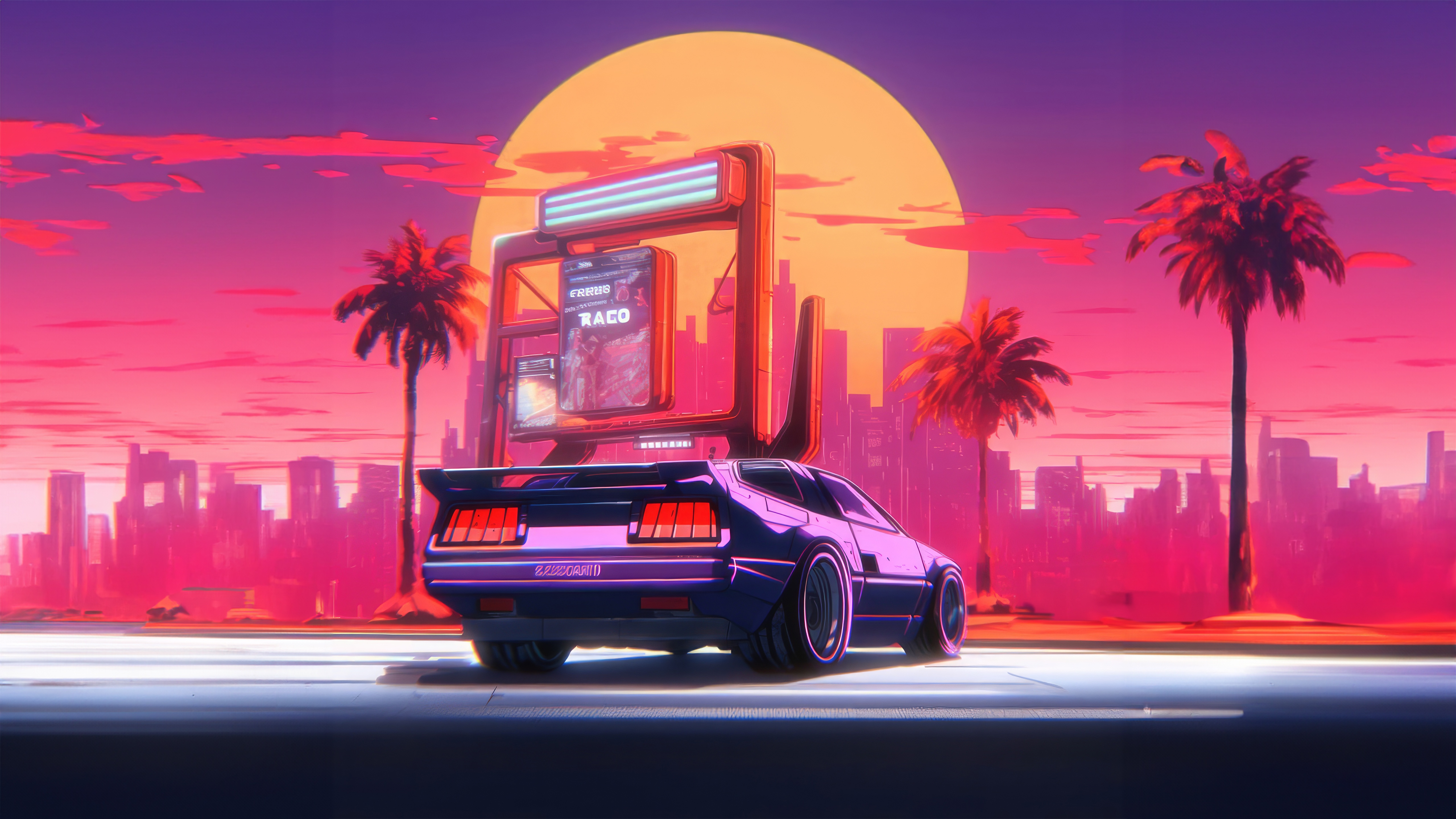 Synthwave Car and Cityscape at Sunset HD Wallpaper