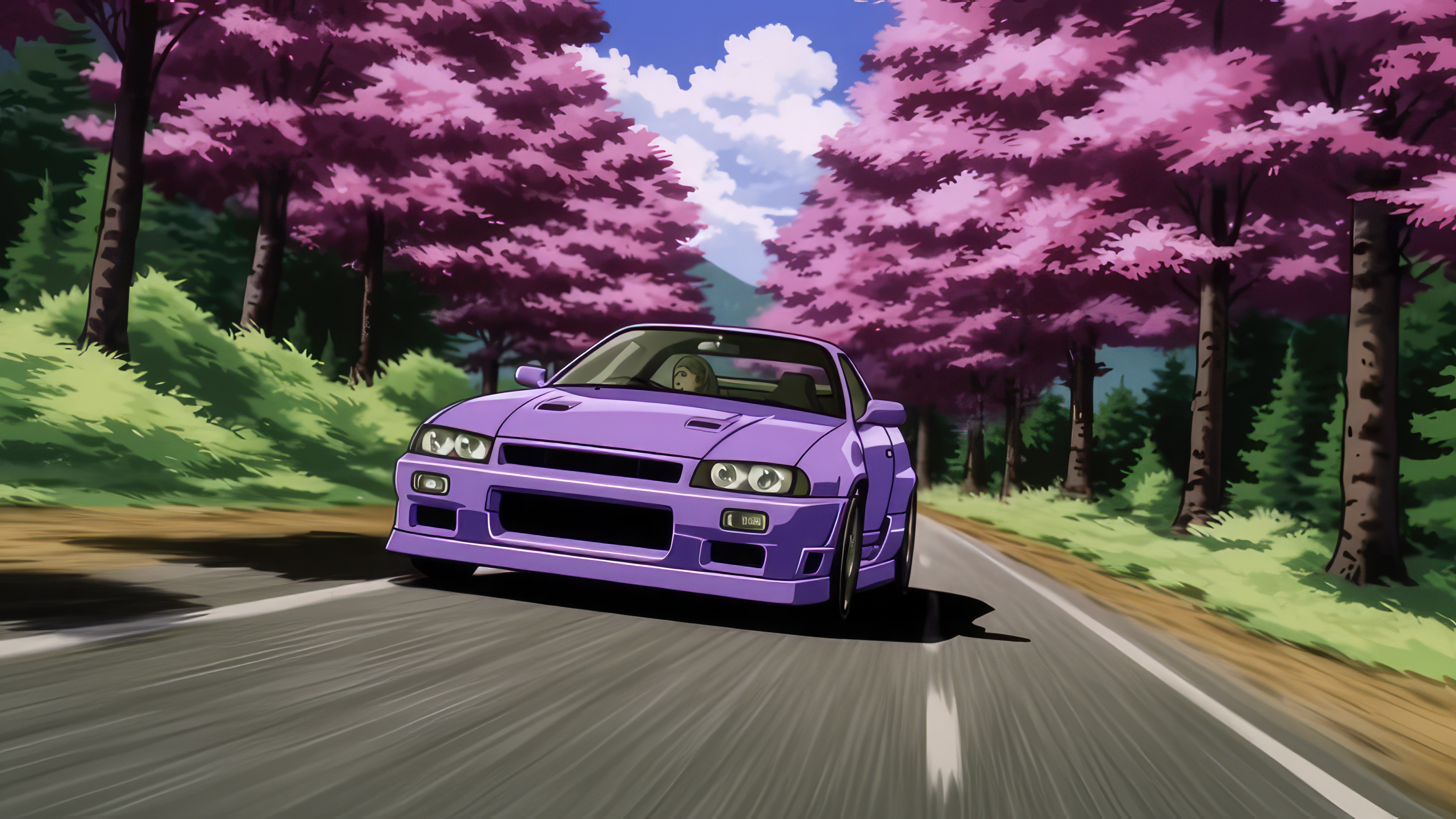 Purple Nissan R34 driving through cherry blossom trees HD Wallpaper