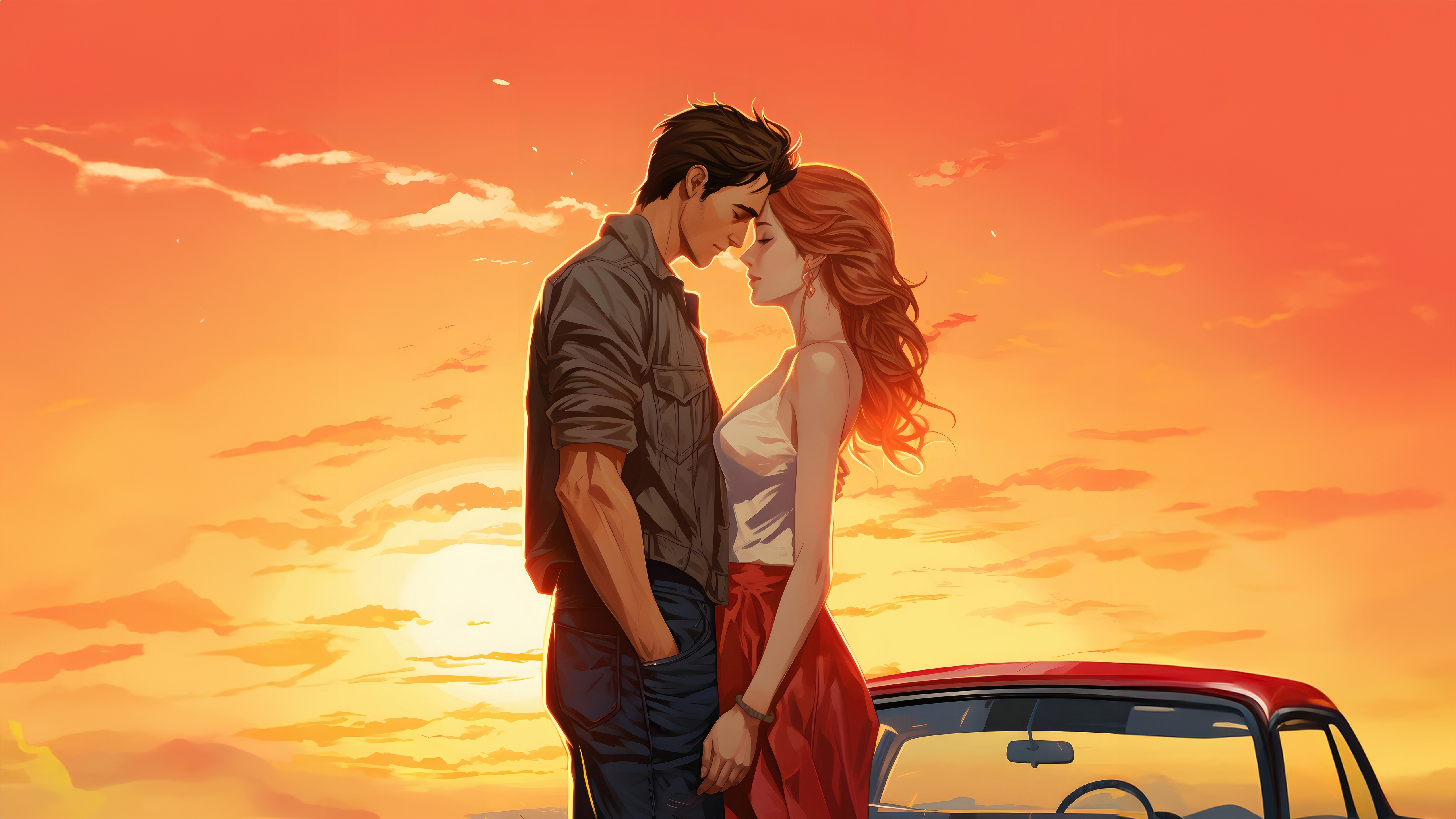 Couple Embracing by a Red Car at Sunset HD Wallpaper