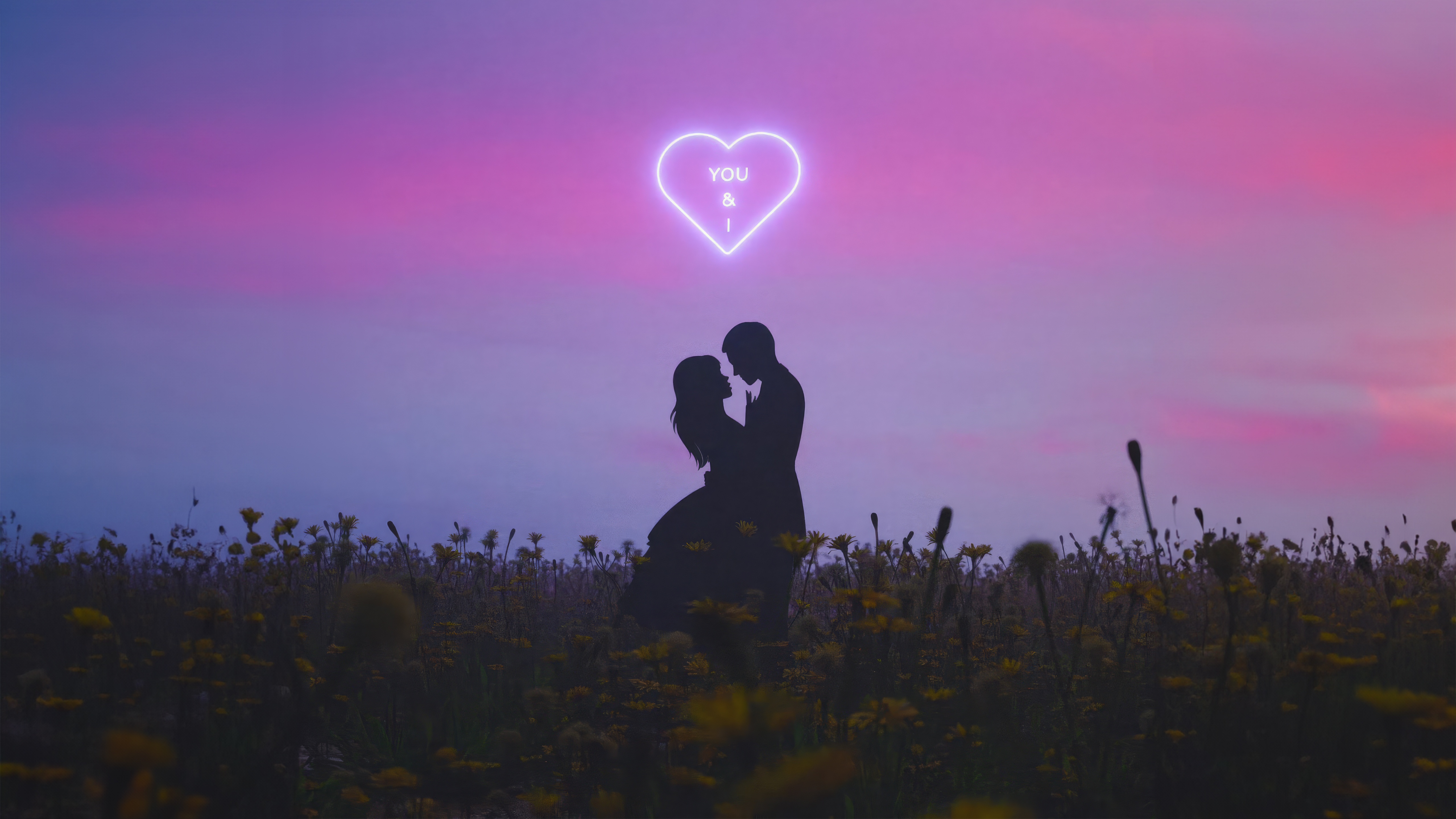 Couple Embracing Under Neon Heart HD Wallpaper