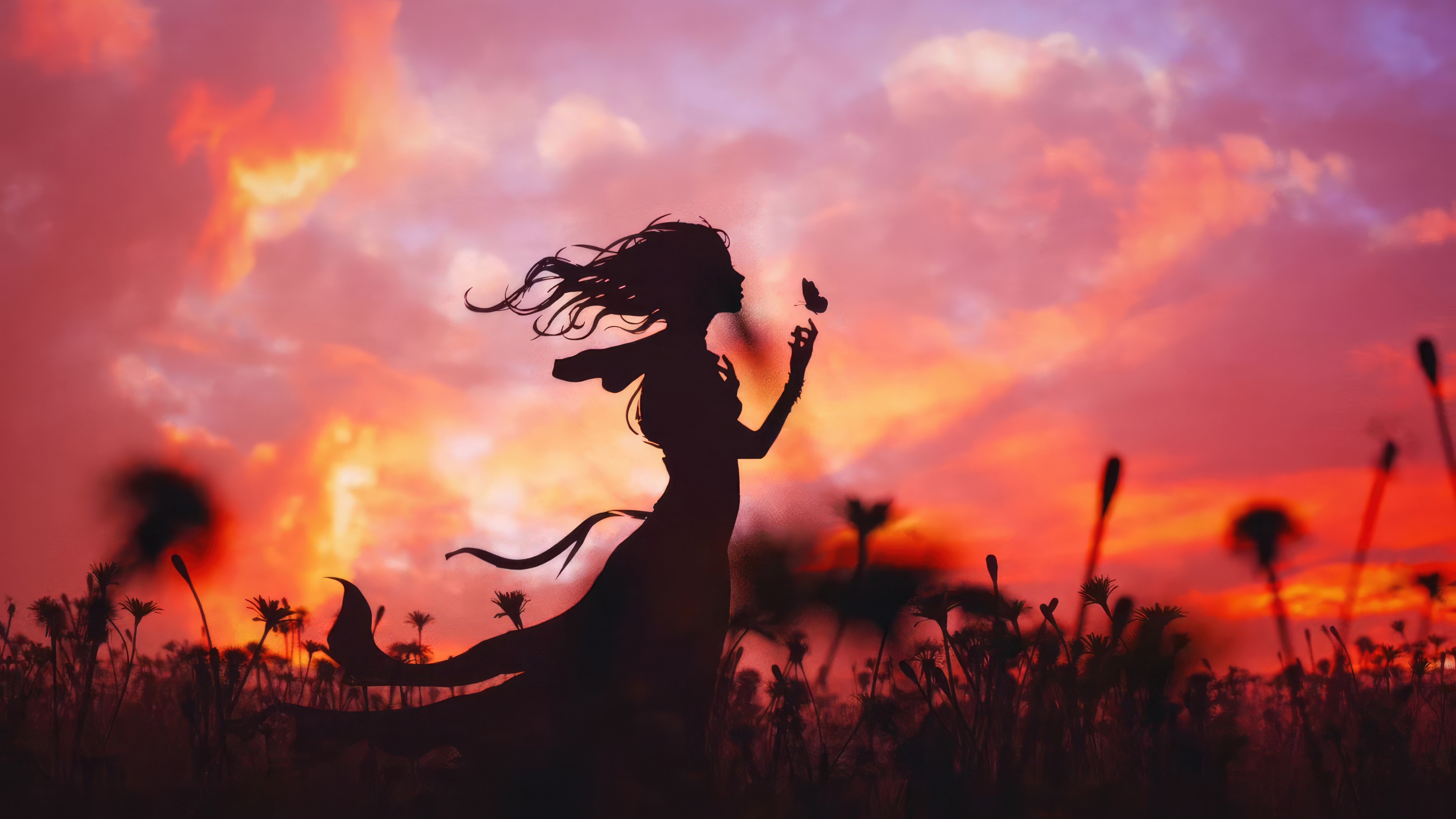 Girl and Butterfly in a Field at Sunset HD Wallpaper
