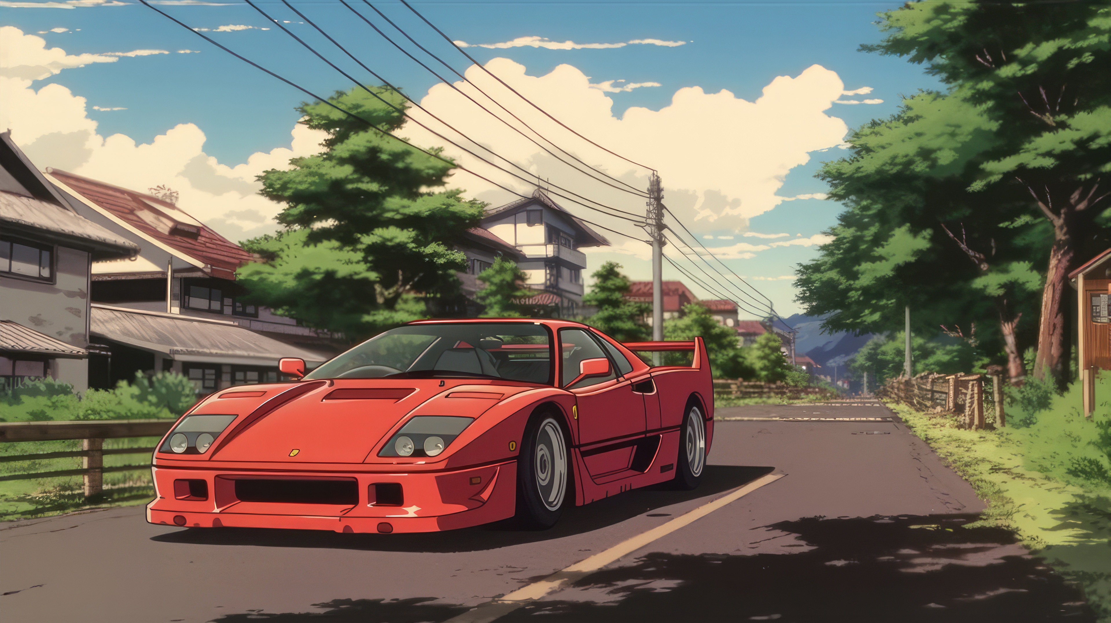 Ghibli Style Ferrari F40 on a Road HD Wallpaper