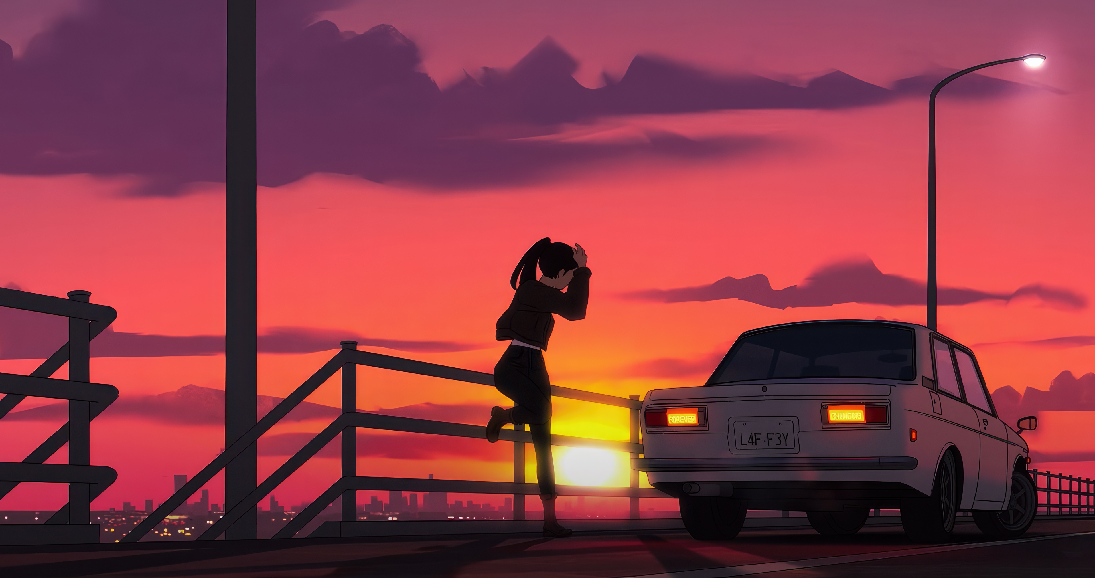 Girl and car on a bridge at sunset HD Wallpaper