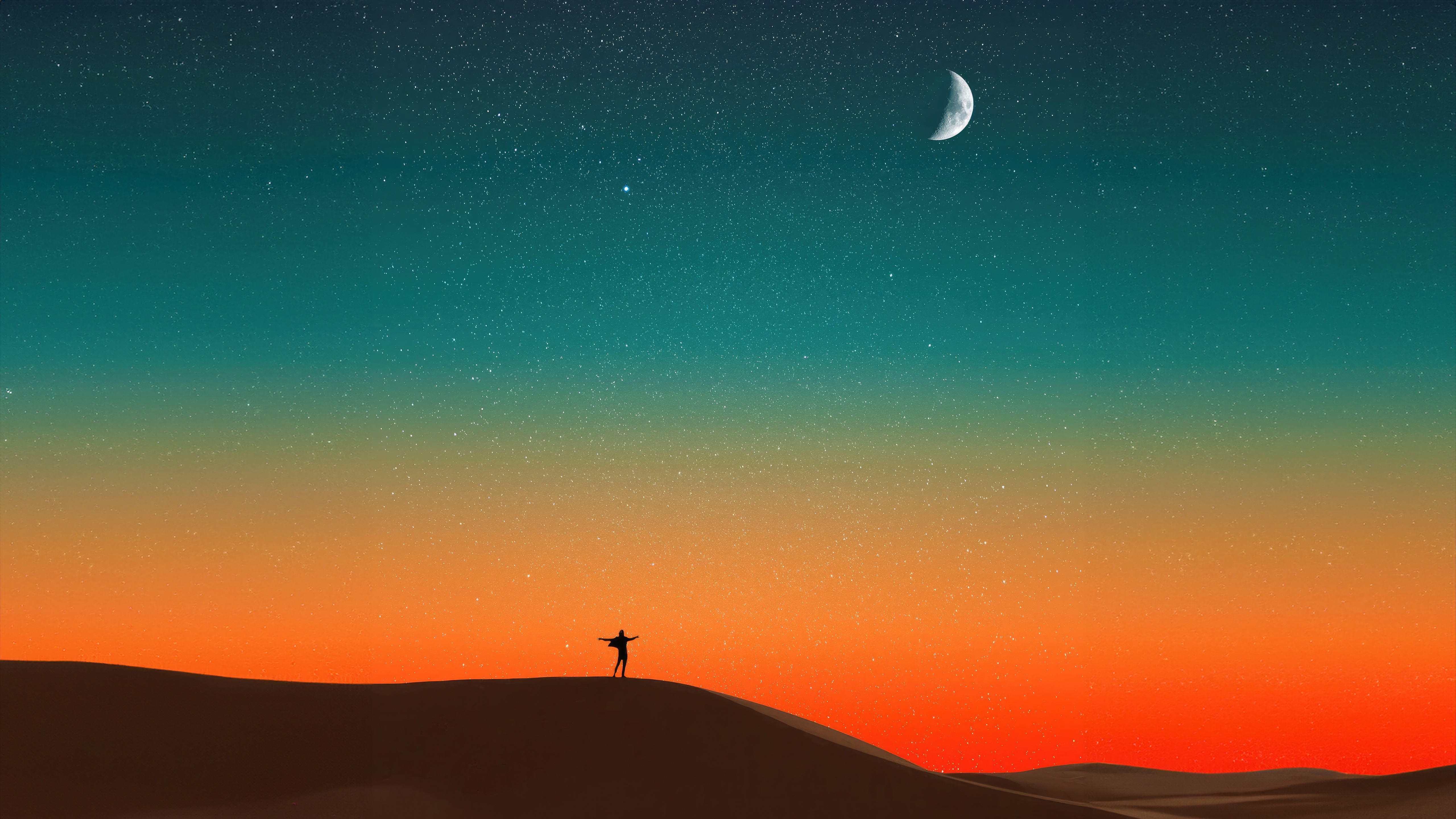 Person on sand dune under starry sky with moon HD Wallpaper