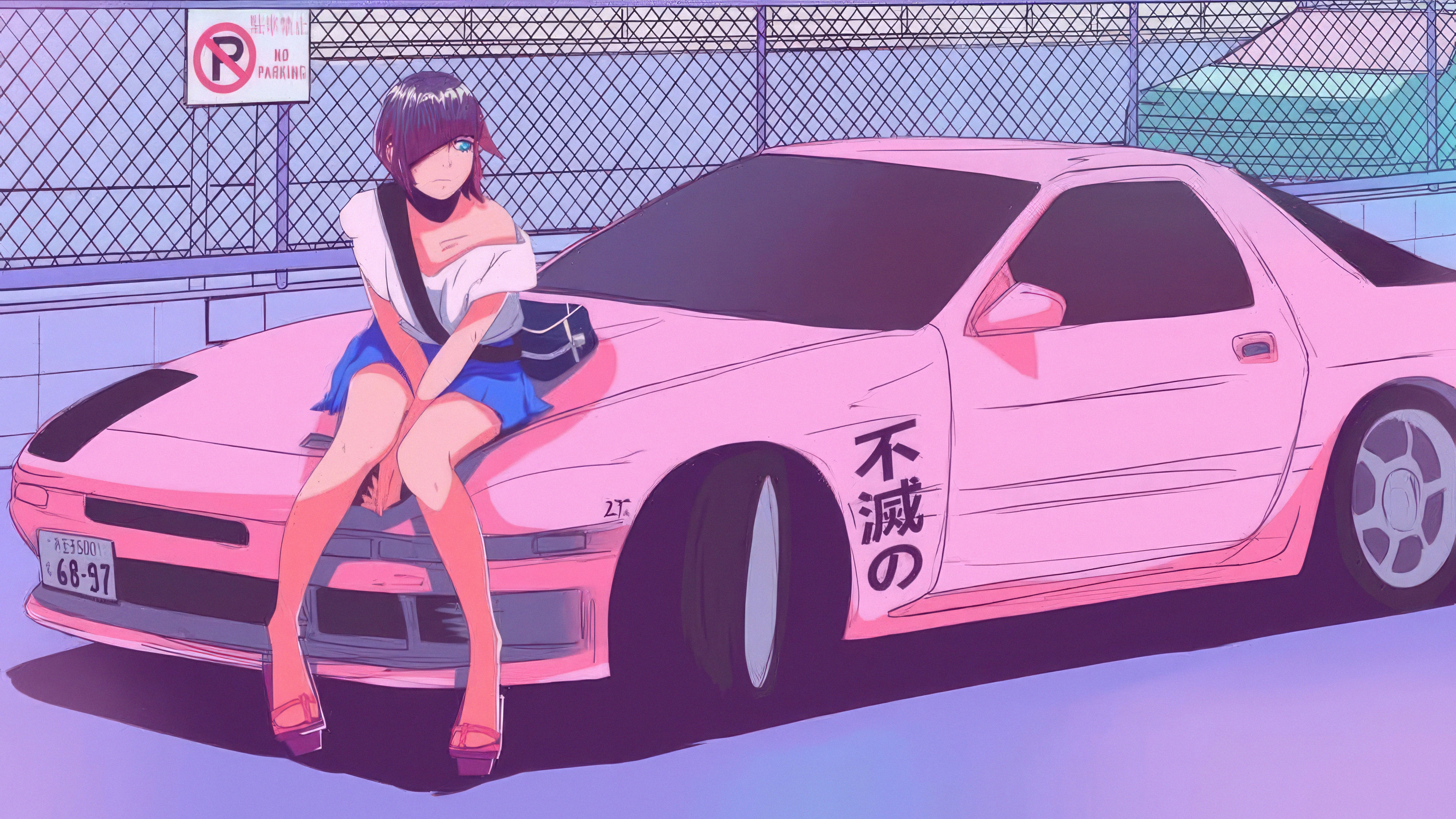 Anime girl sitting on a pink car HD Wallpaper