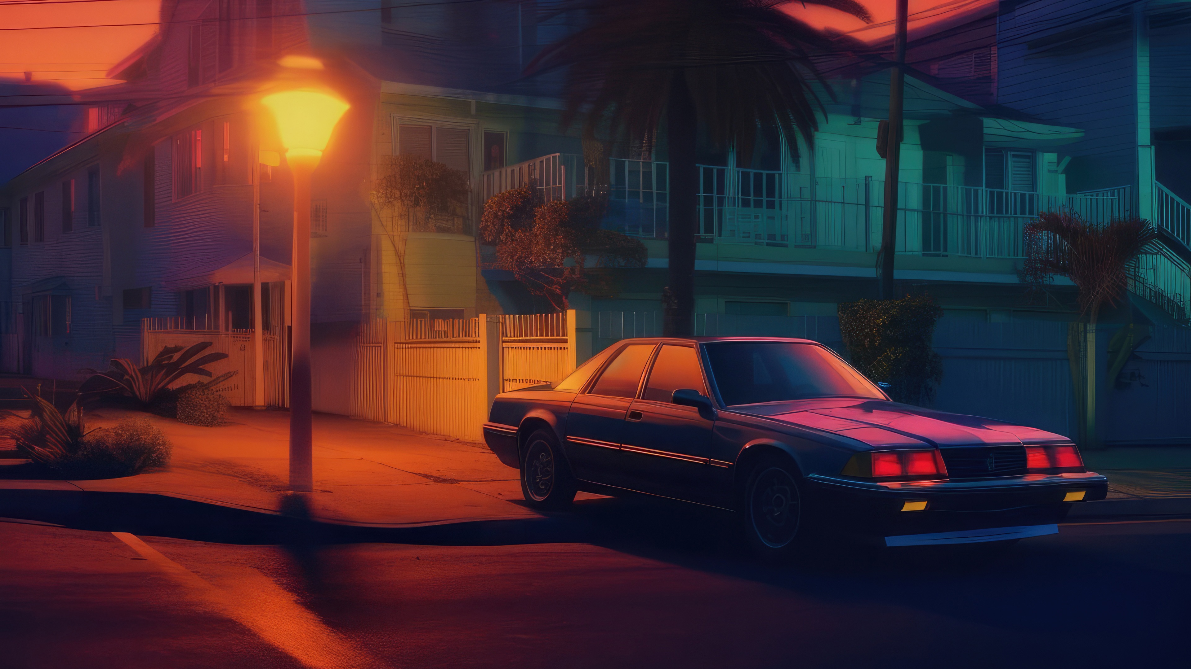 Synthwave evening with a classic car HD Wallpaper