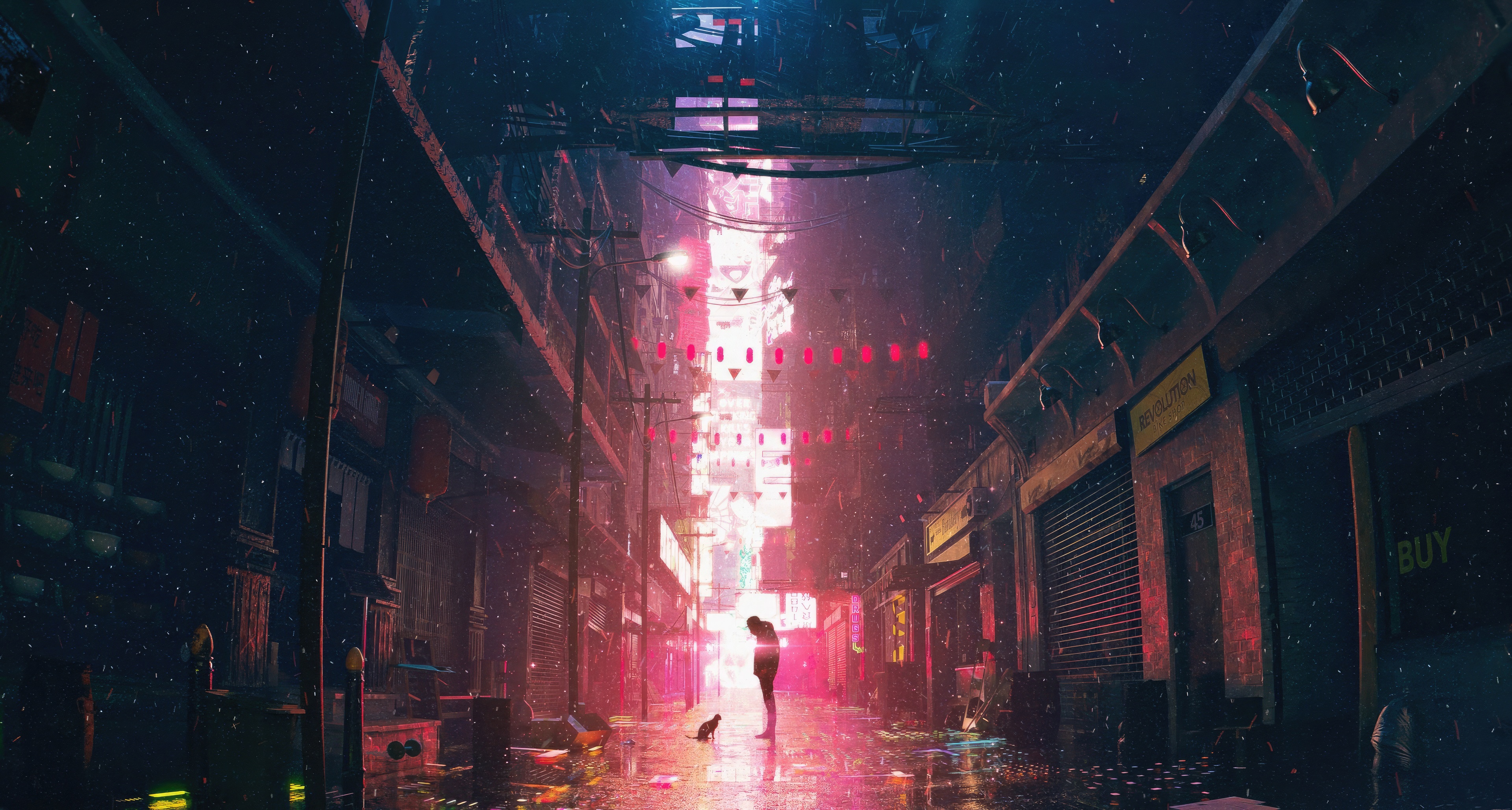 Person and cat on a rainy neon street HD Wallpaper