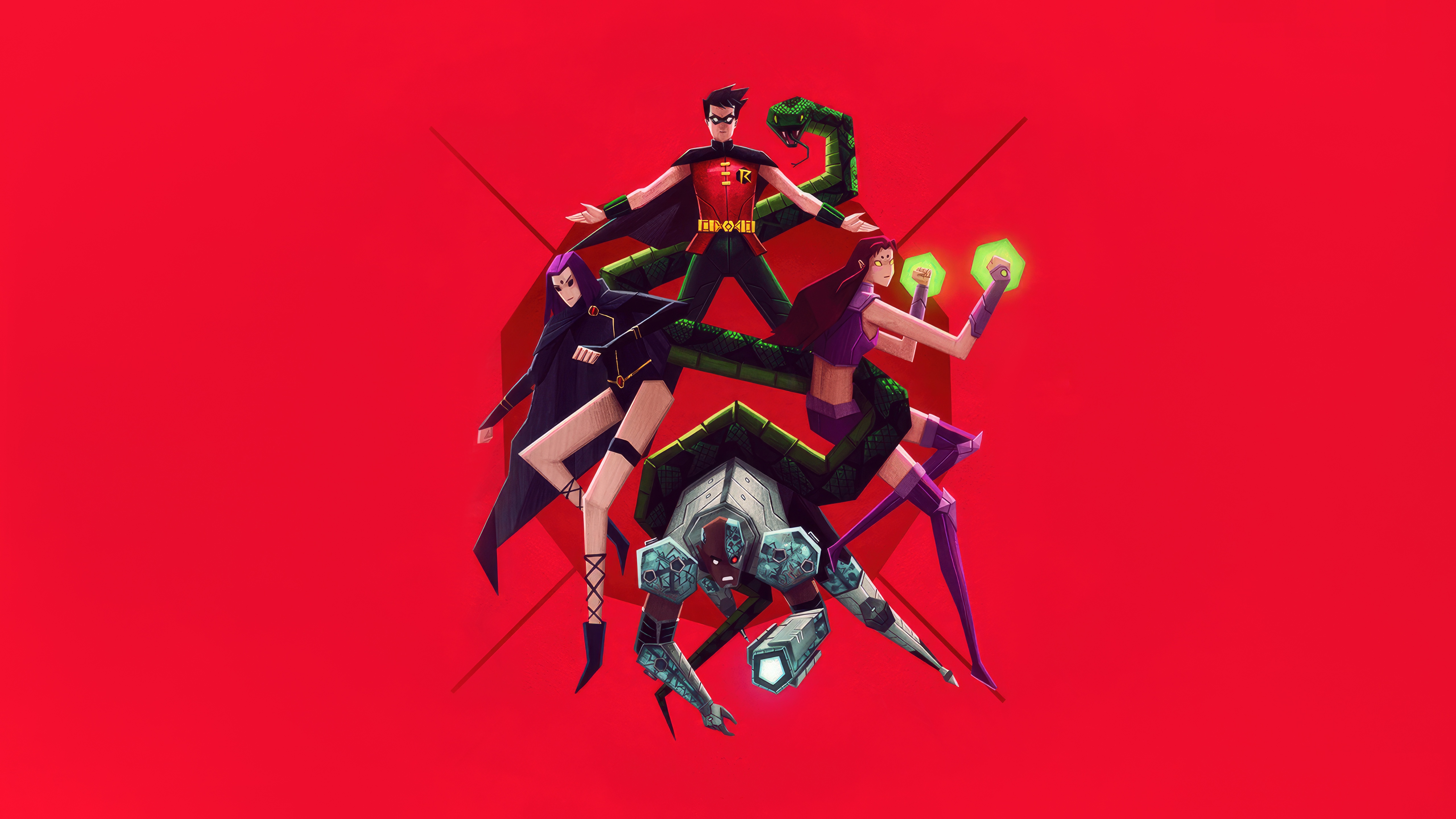 Teen Titans characters with a snake and Cyborg HD Wallpaper