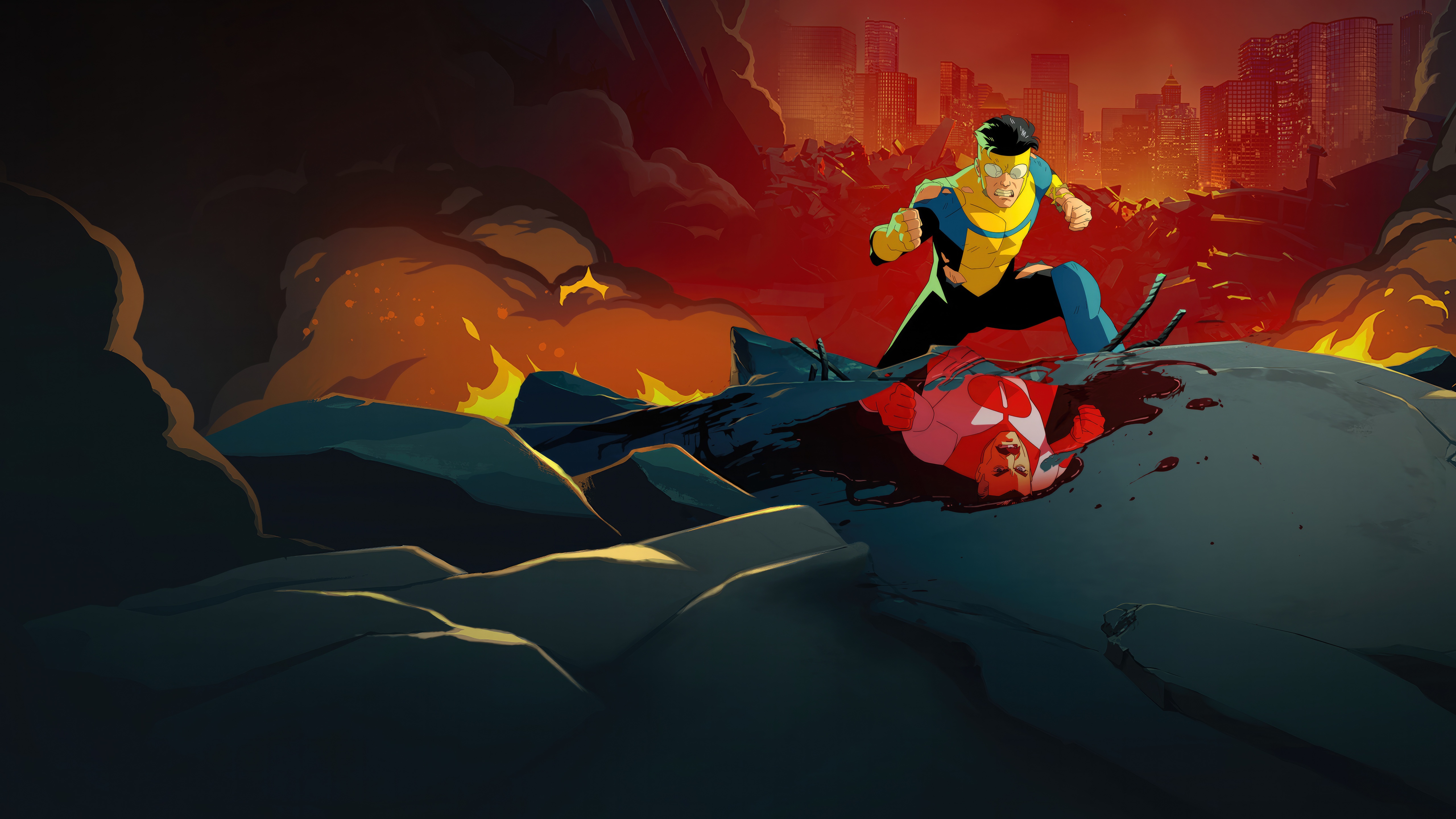 Invincible stands over a defeated opponent in a destroyed city HD Wallpaper