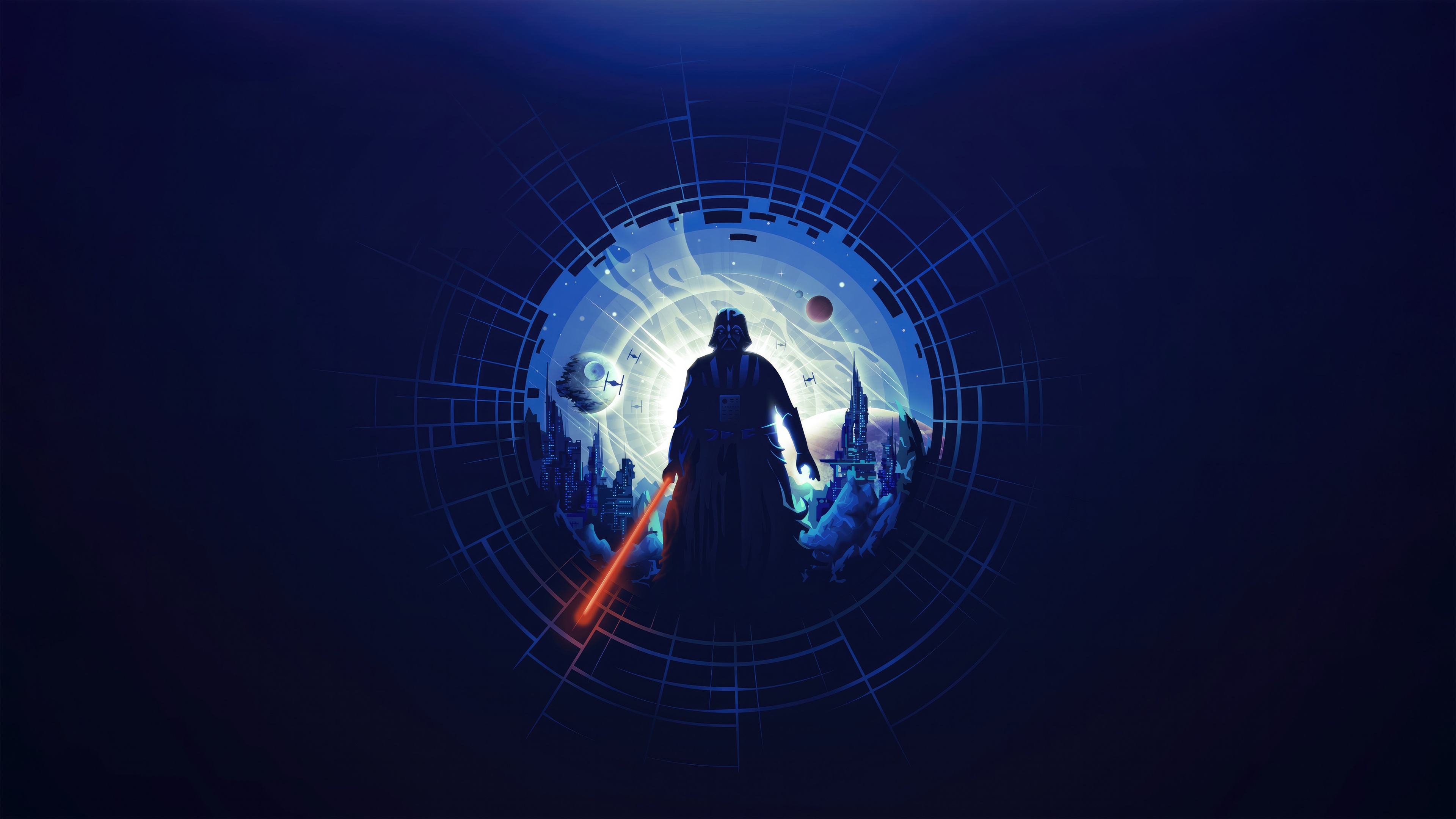 Darth Vader with Lightsaber in Sci-Fi Cityscape HD Wallpaper
