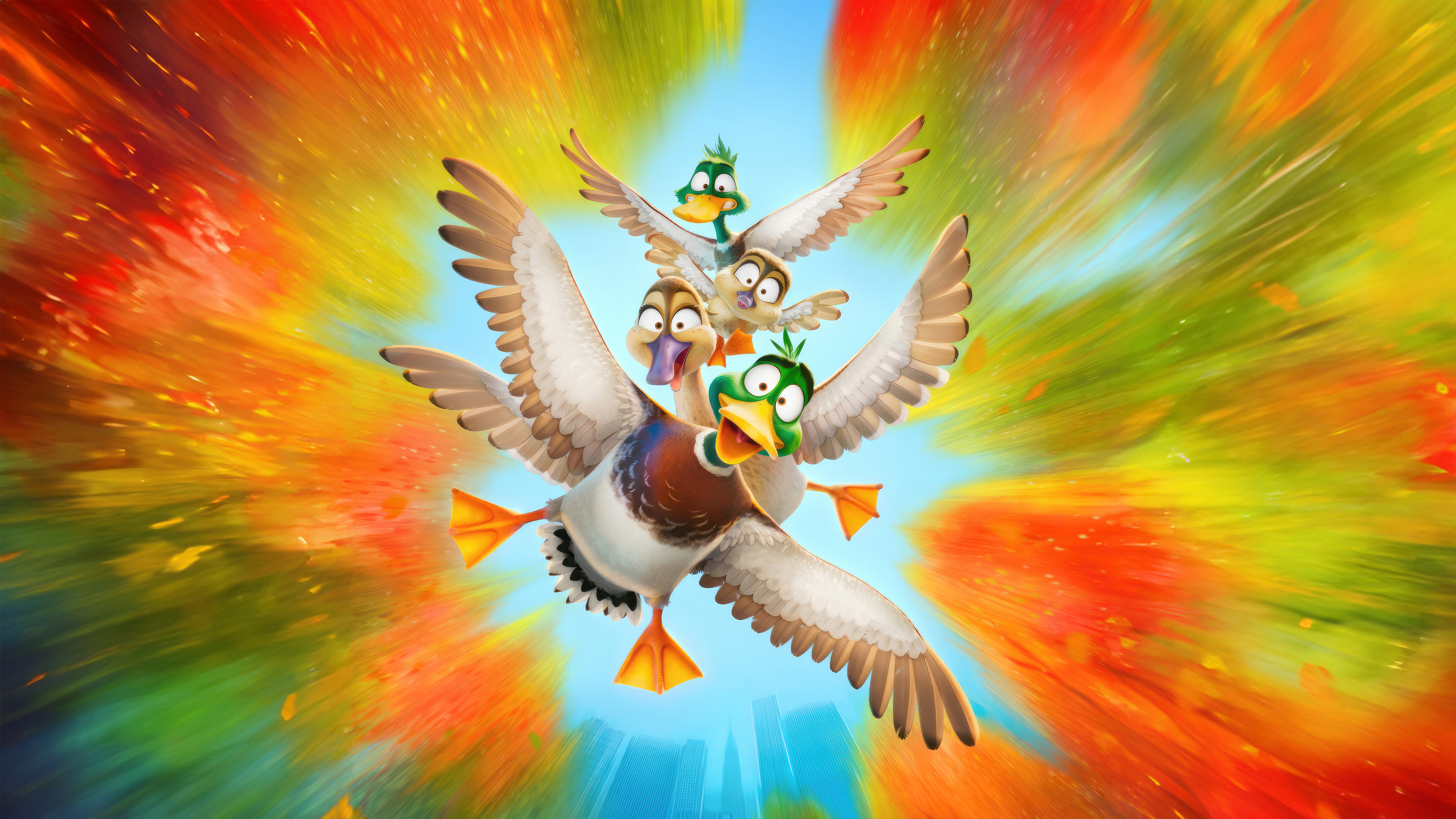 Three cartoon ducks flying in formation HD Wallpaper