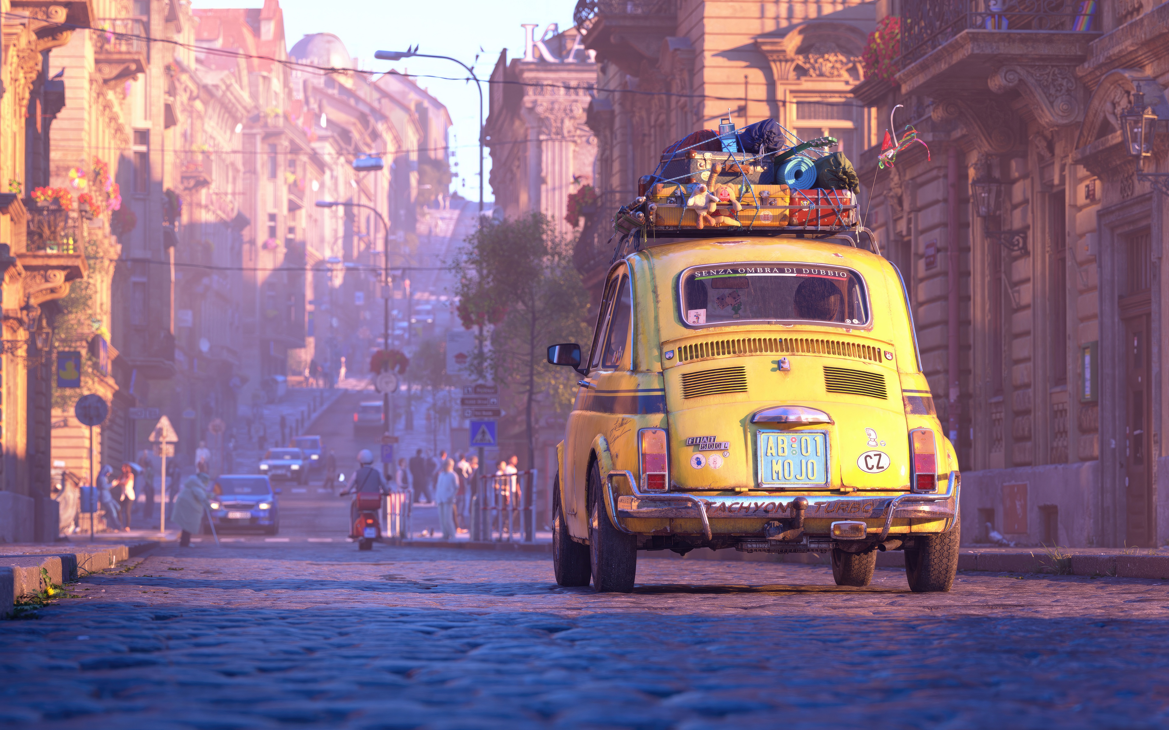 Yellow Fiat 500 loaded with luggage on a cobblestone street HD Wallpaper