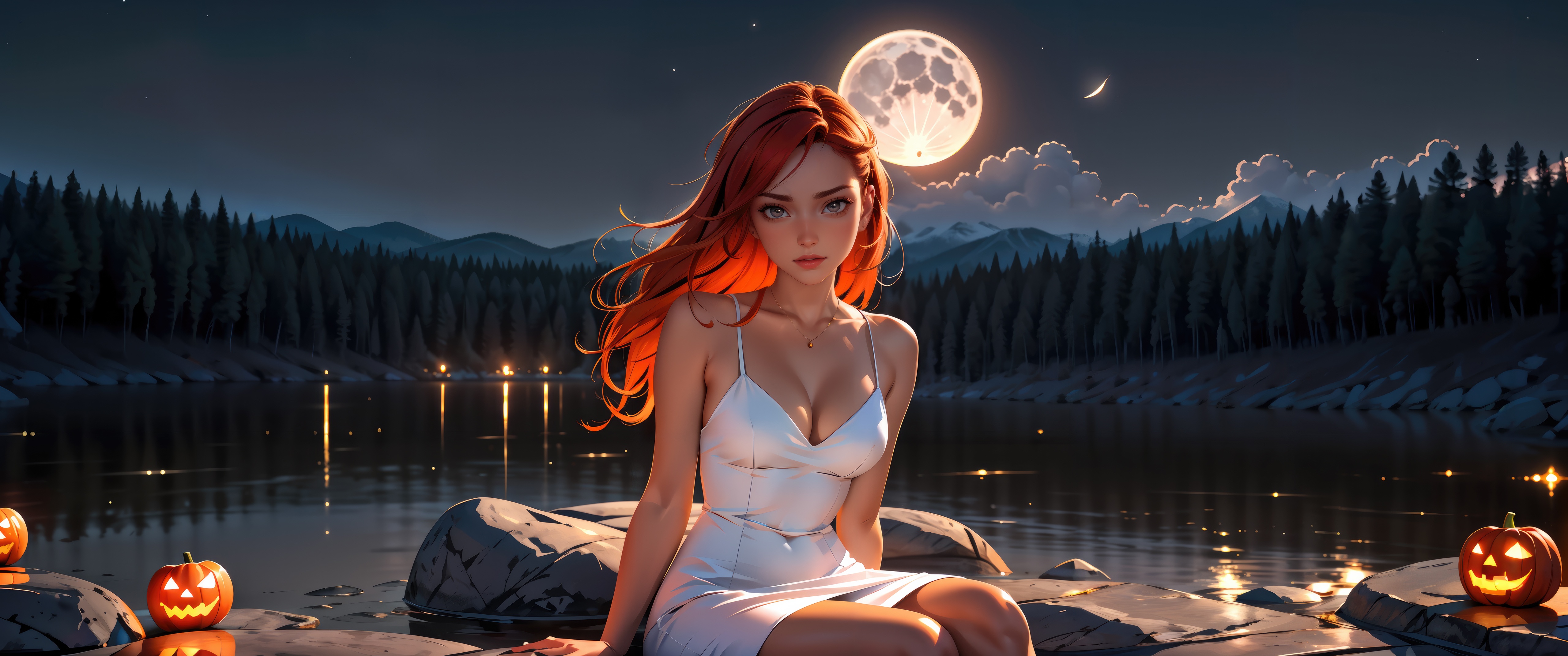 Anime Girl in White Dress by Lake at Night HD Wallpaper