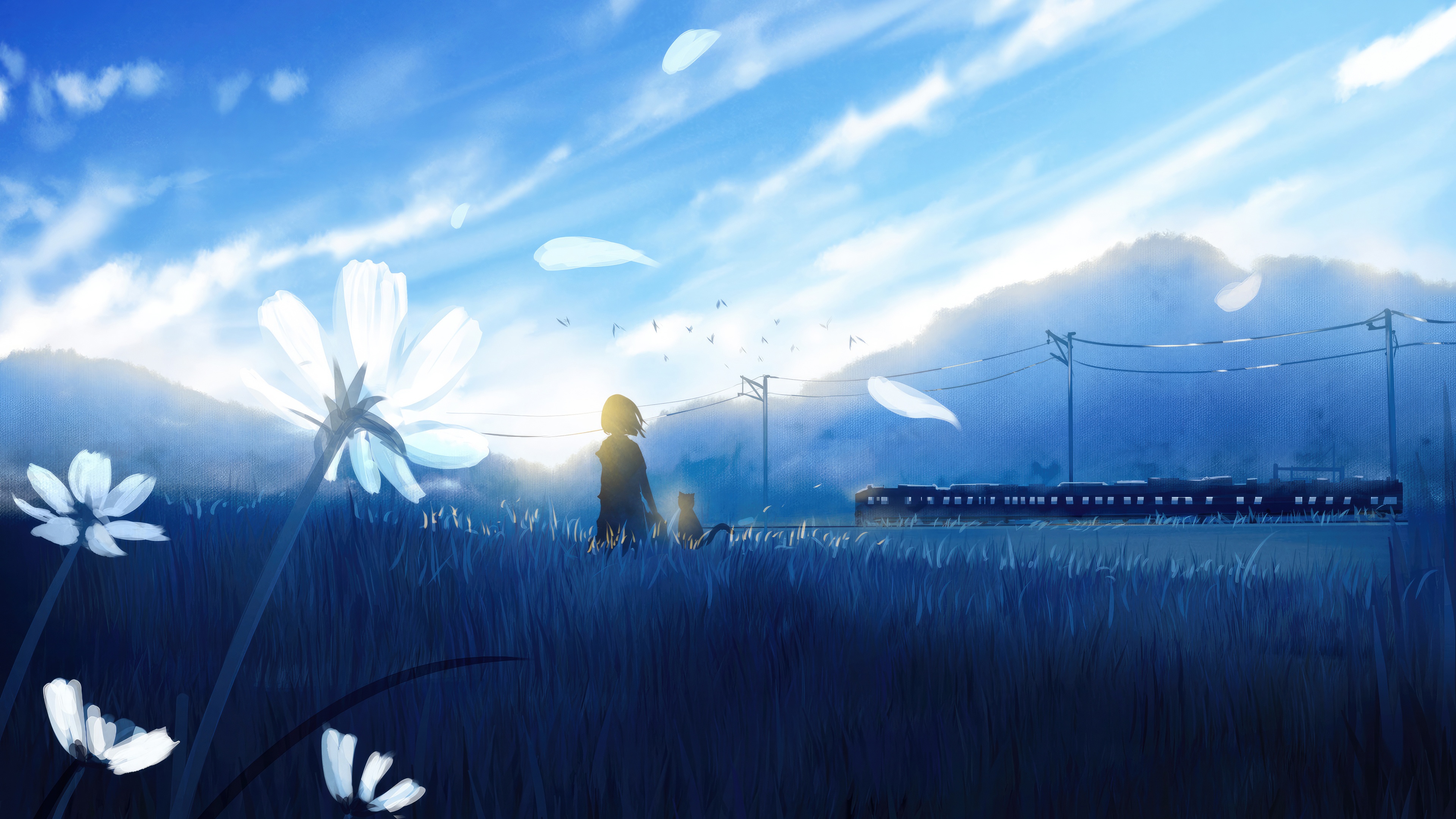 A girl and a cat watch a distant train HD Wallpaper